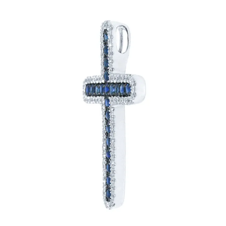 0.33ct Diamond & 0.59ct Blue Sapphire 14k White Gold Cross Necklace