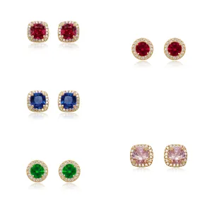 14k Gold Micropave Border with Color CZ Center Stud Earrings