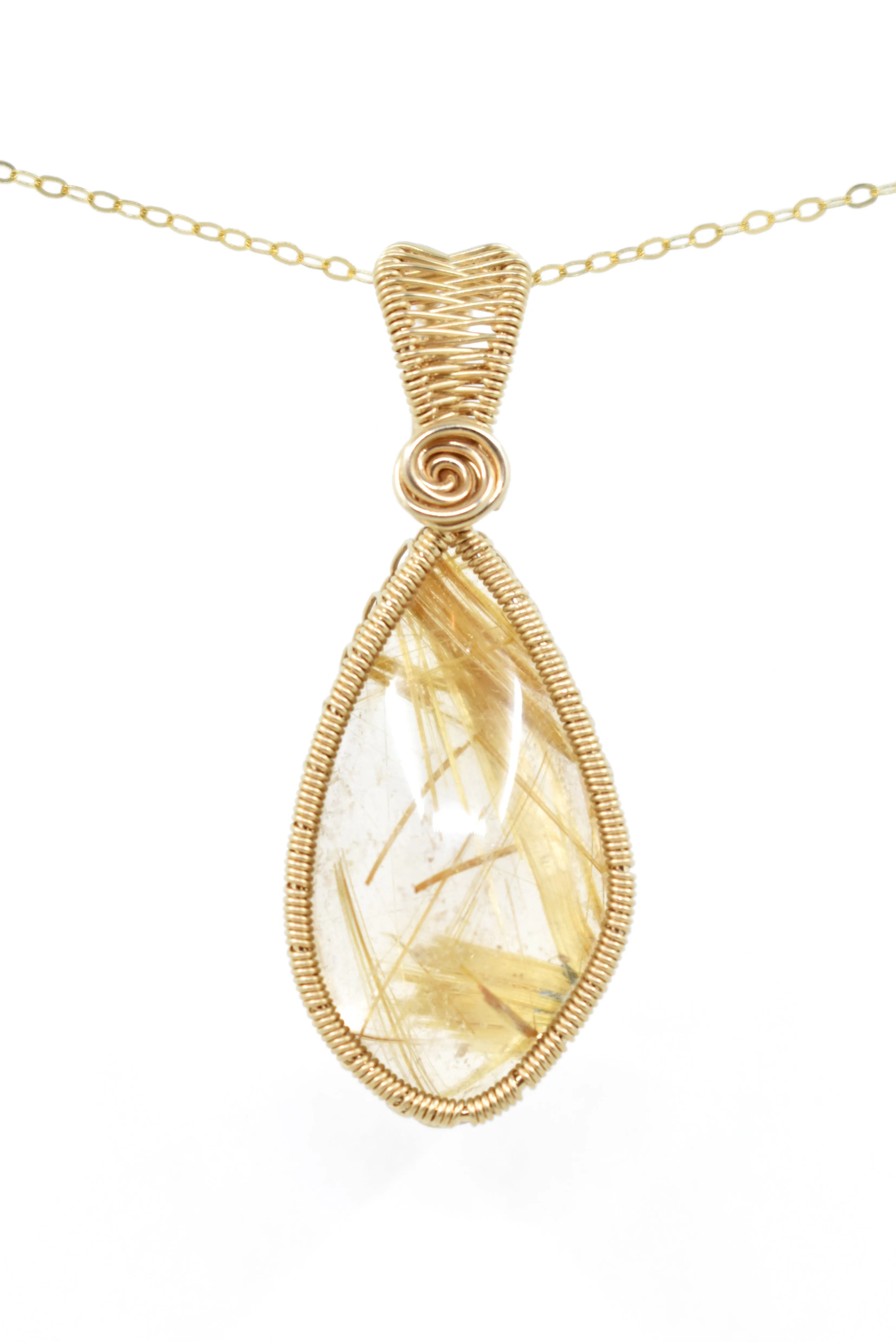 14KT Gold Filled Wire Wrapped Bezel Set Rutilated Quartz Necklace, Golden Rutilated Quartz Pendant