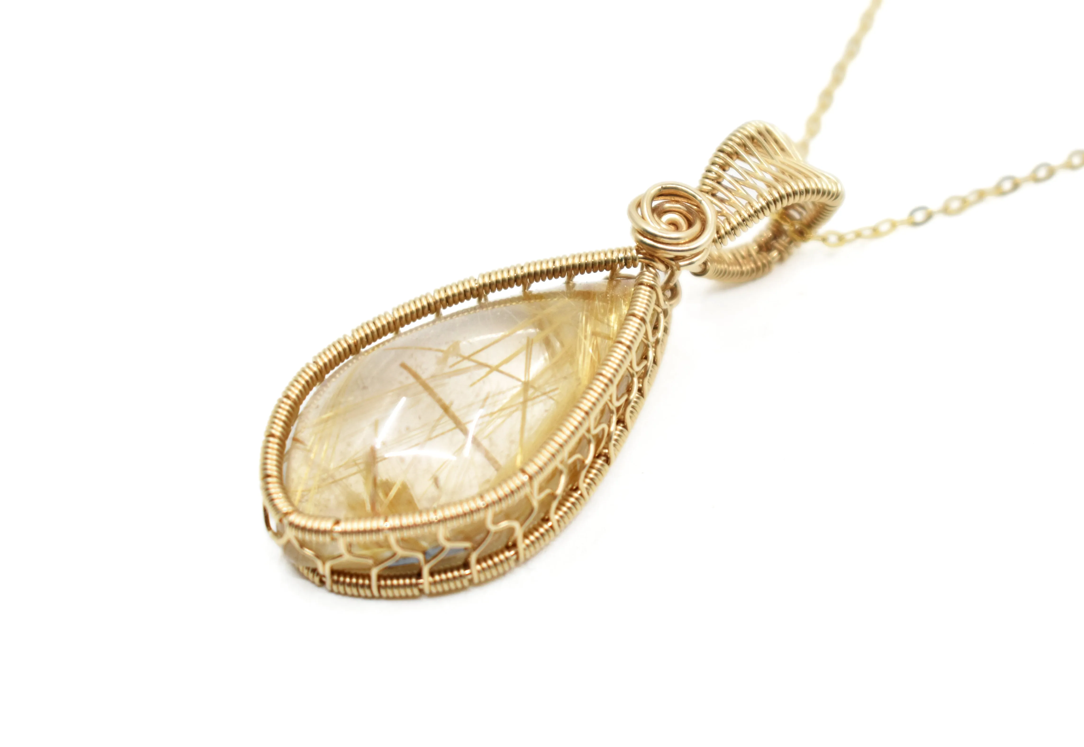 14KT Gold Filled Wire Wrapped Bezel Set Rutilated Quartz Necklace, Golden Rutilated Quartz Pendant