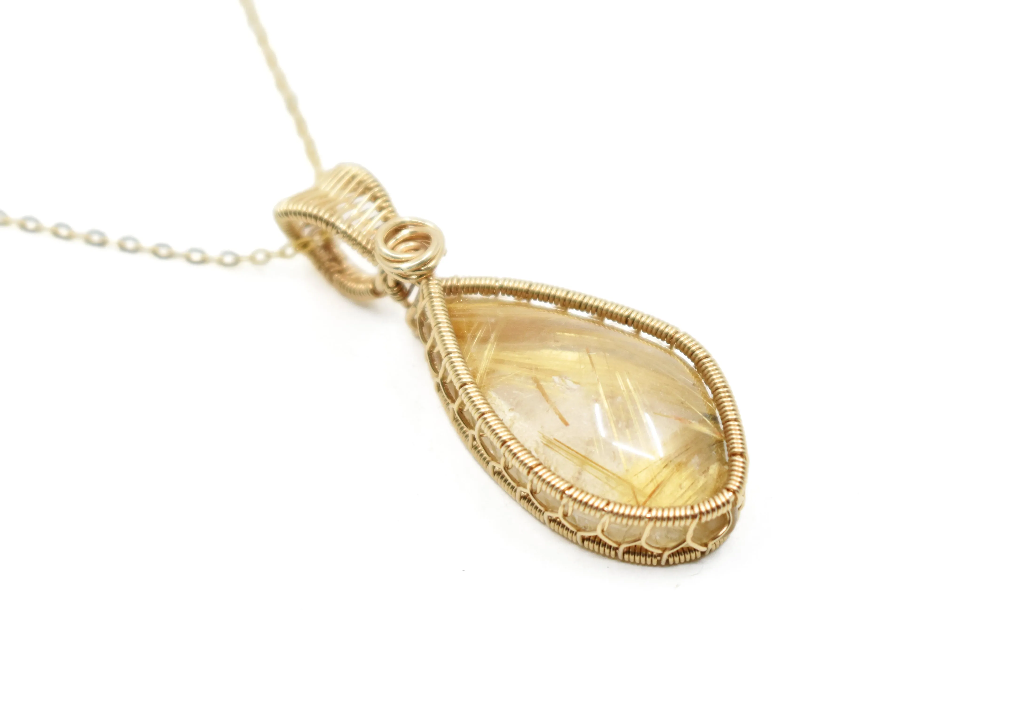 14KT Gold Filled Wire Wrapped Bezel Set Rutilated Quartz Necklace, Golden Rutilated Quartz Pendant