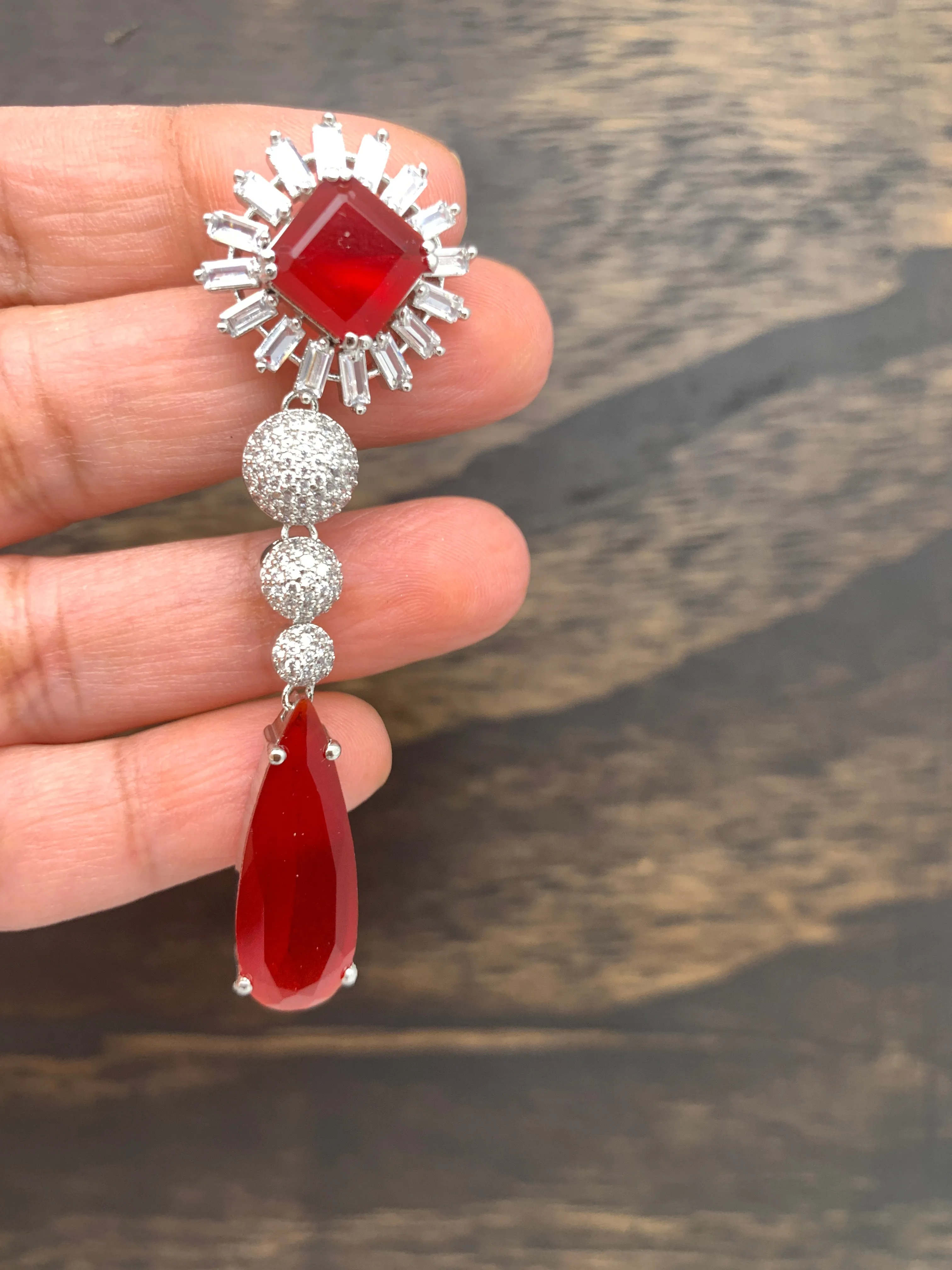 AD Earrings with Red Stone in Silver Polish