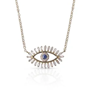 BAGUETTE DIAMOND EVIL EYE NECKLACE WITH BLUE SAPPHIRE EYE