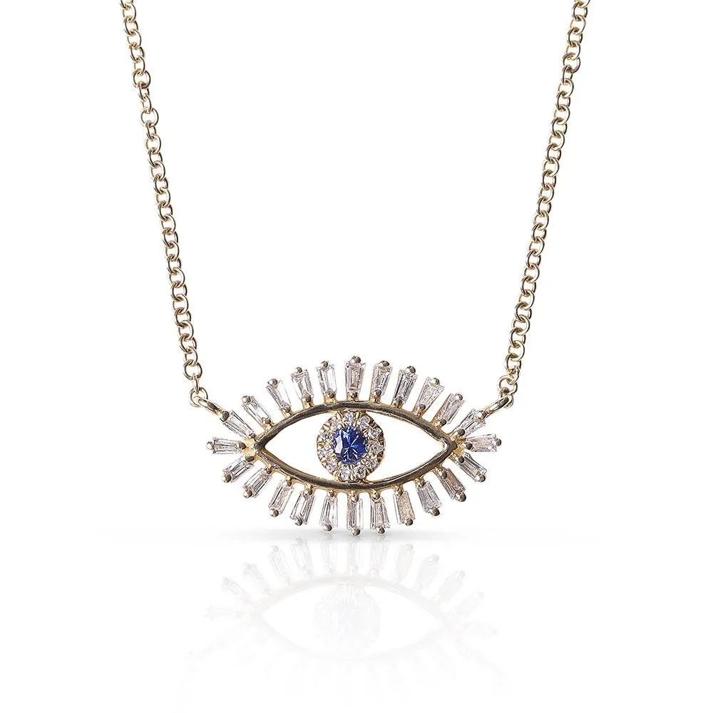BAGUETTE DIAMOND EVIL EYE NECKLACE WITH BLUE SAPPHIRE EYE