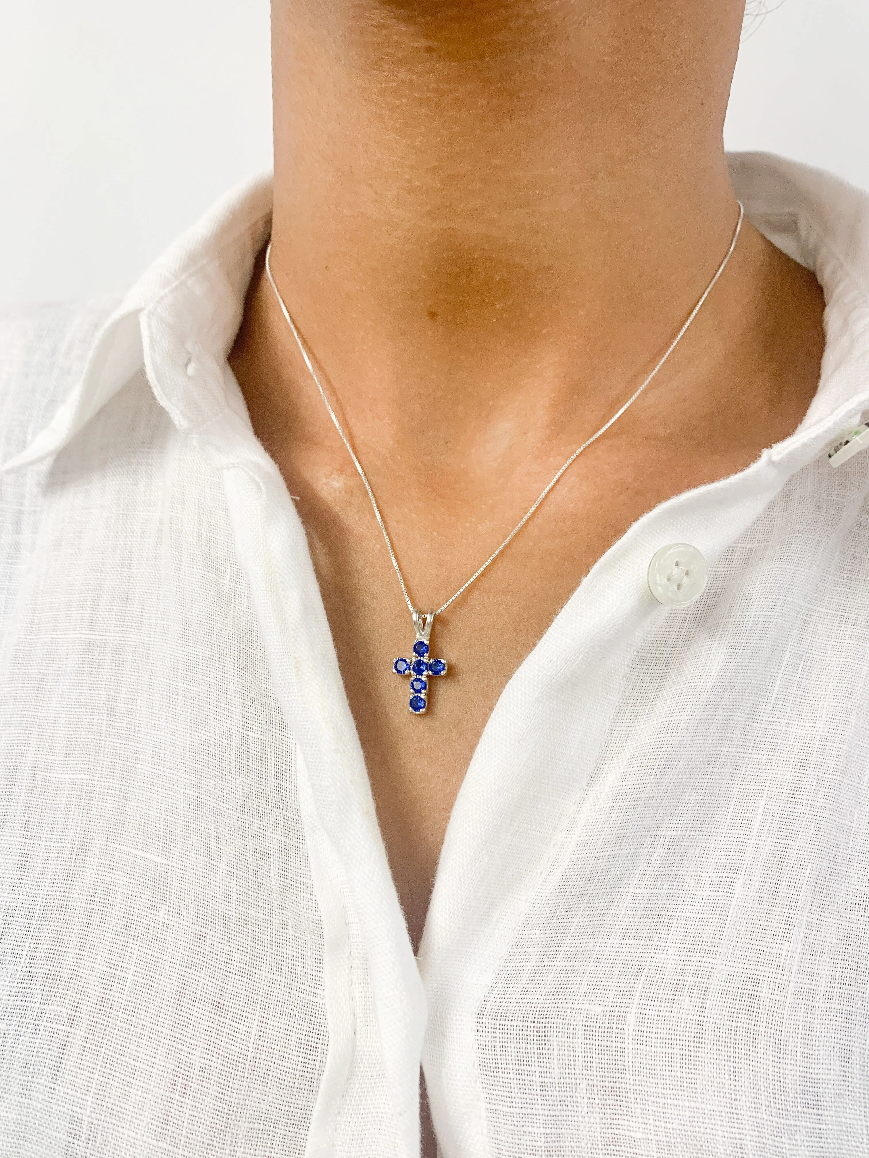 Blue Sapphire Cross Pendant - Created Sapphire Necklace, Silver Cross Chain