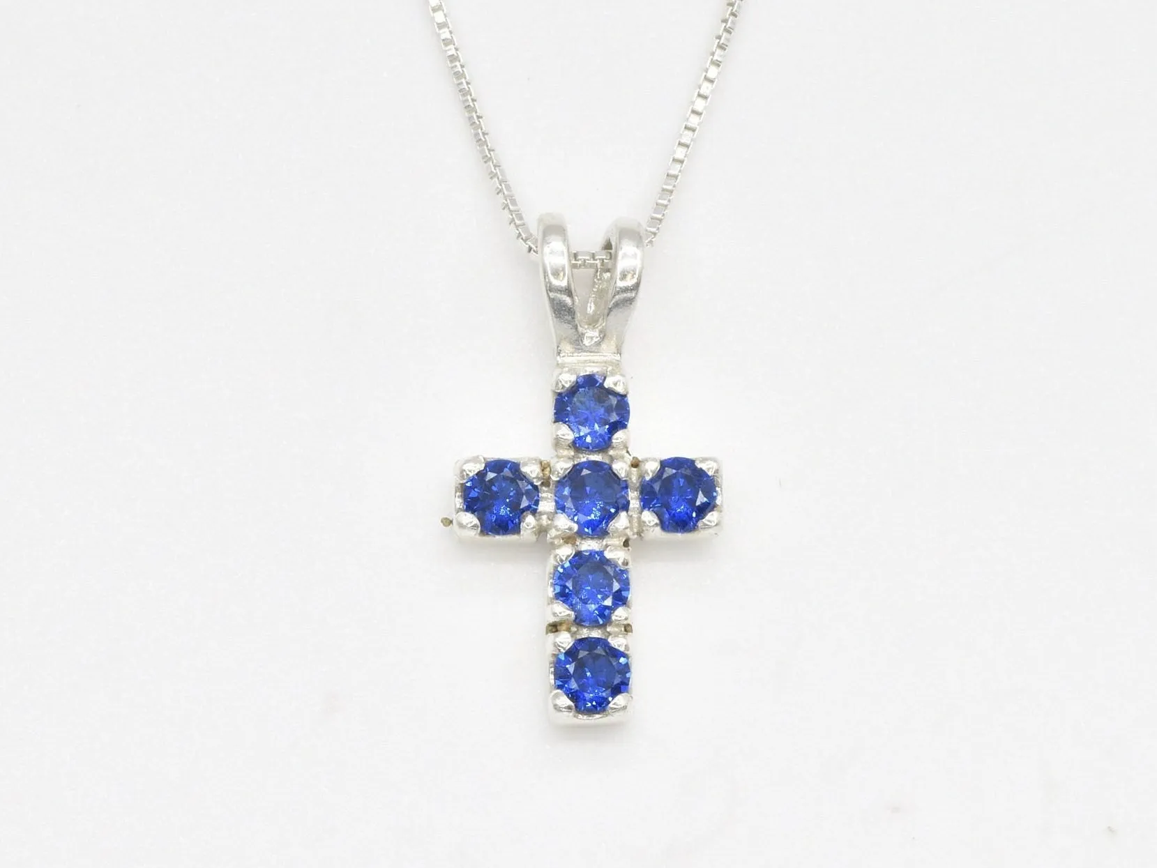 Blue Sapphire Cross Pendant - Created Sapphire Necklace, Silver Cross Chain