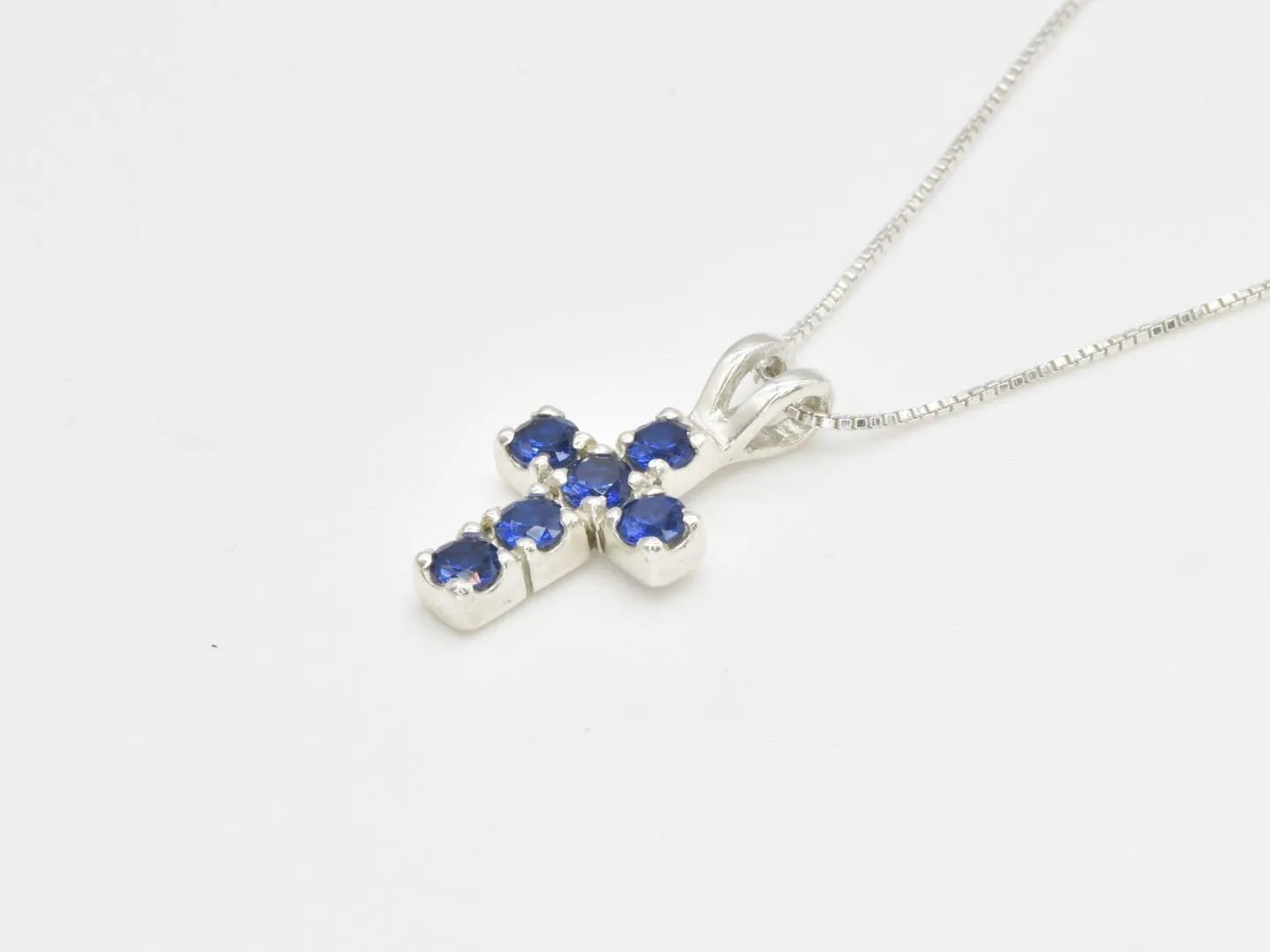 Blue Sapphire Cross Pendant - Created Sapphire Necklace, Silver Cross Chain