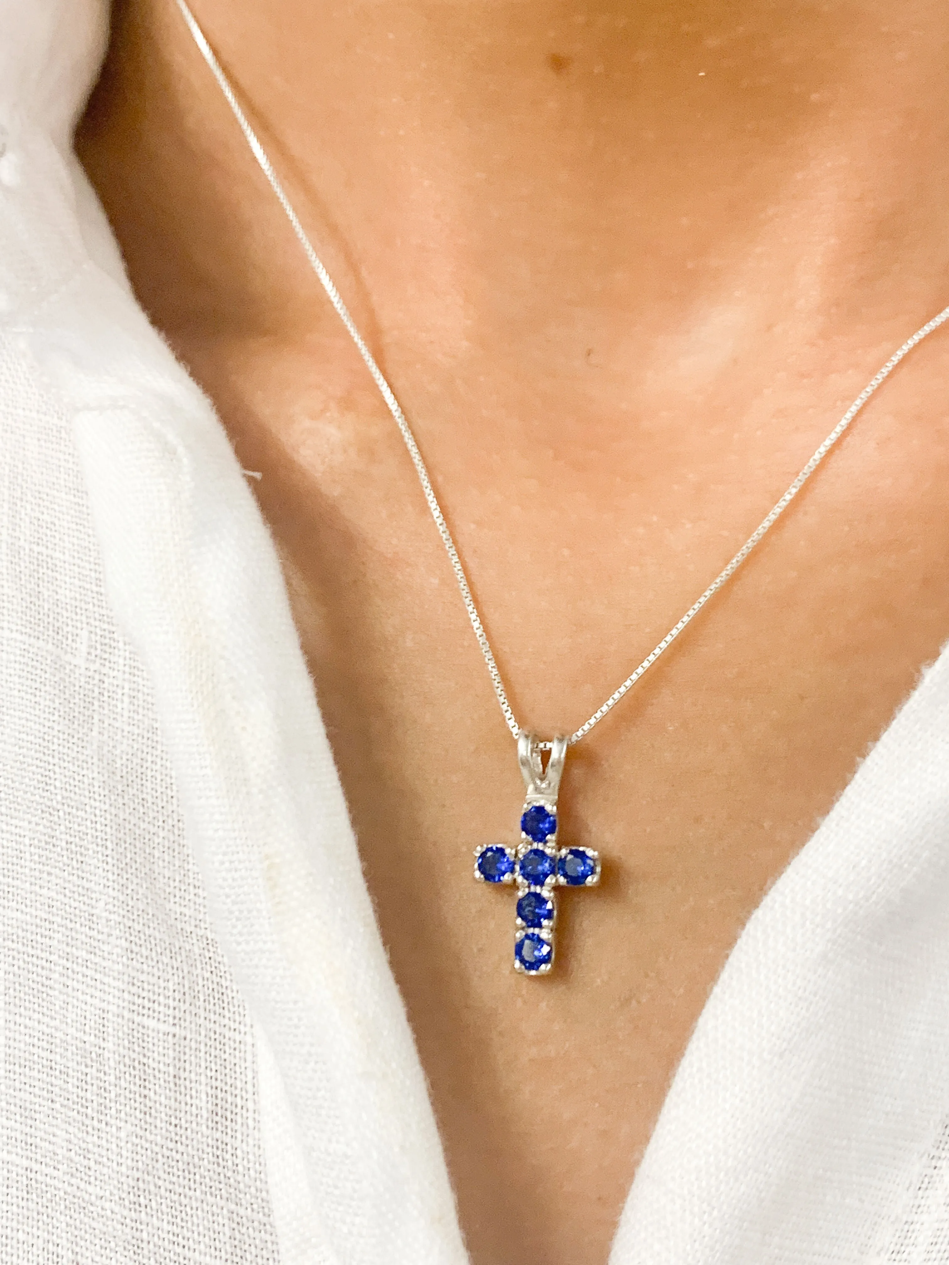 Blue Sapphire Cross Pendant - Created Sapphire Necklace, Silver Cross Chain