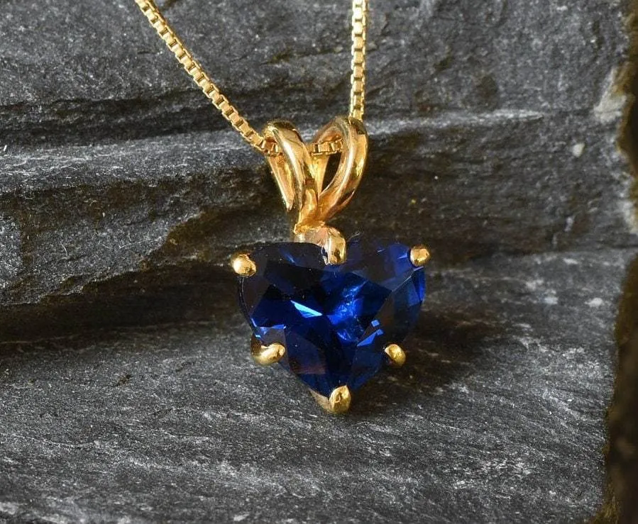 Blue Sapphire Pendant - Gold Heart Necklace, Gold Sapphire Pendant