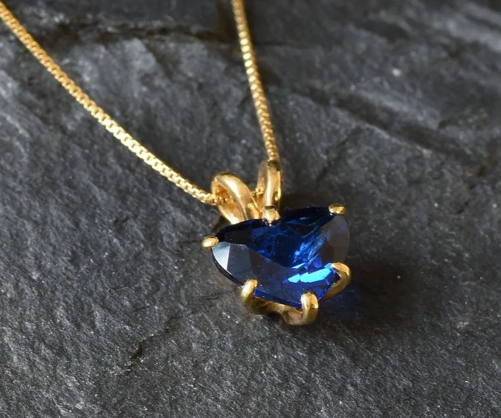 Blue Sapphire Pendant - Gold Heart Necklace, Gold Sapphire Pendant
