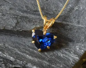 Blue Sapphire Pendant - Gold Heart Necklace, Gold Sapphire Pendant
