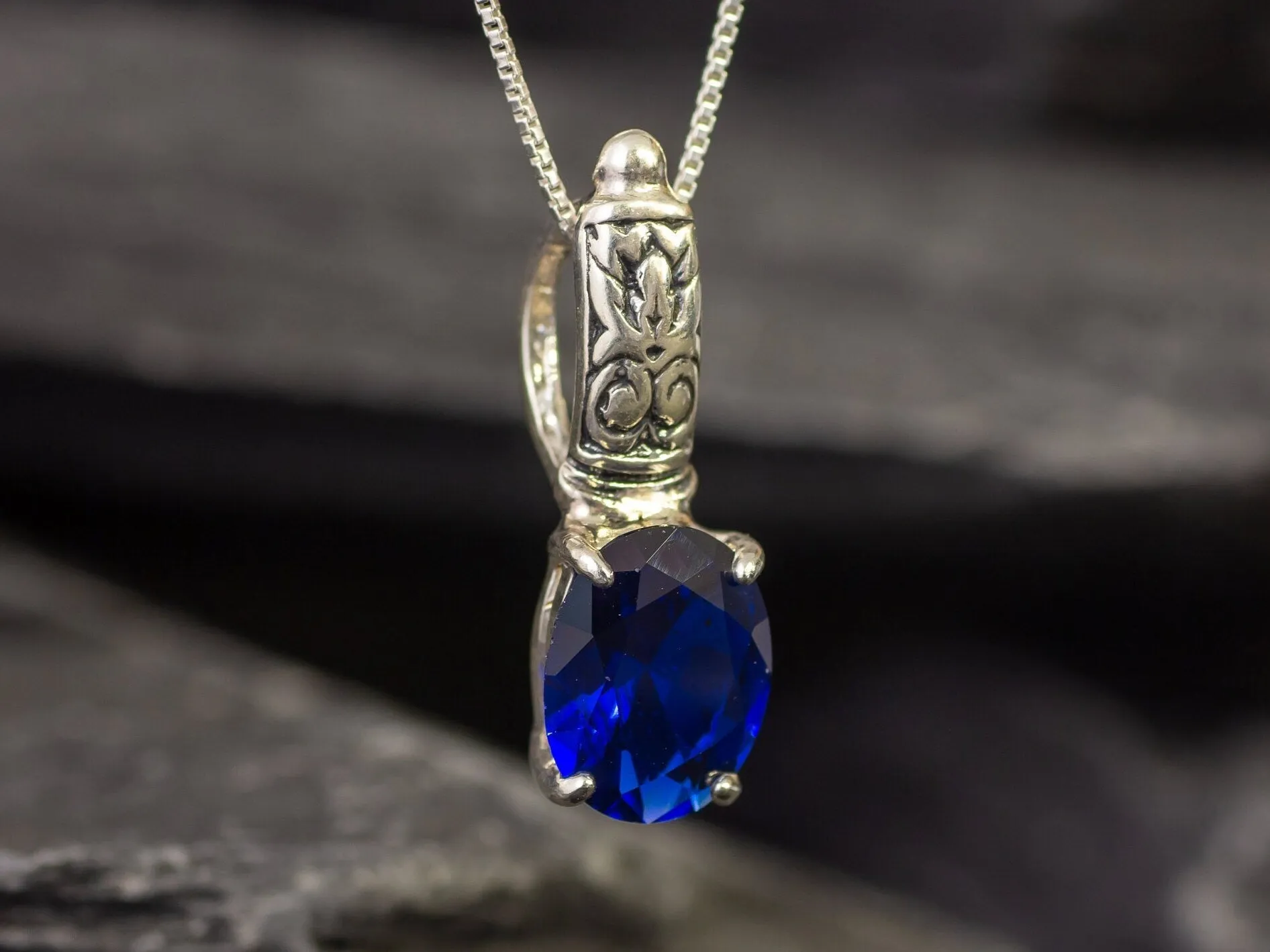 Boho Sapphire Pendant - Blue Tribal Necklace - Silver Sapphire Necklace