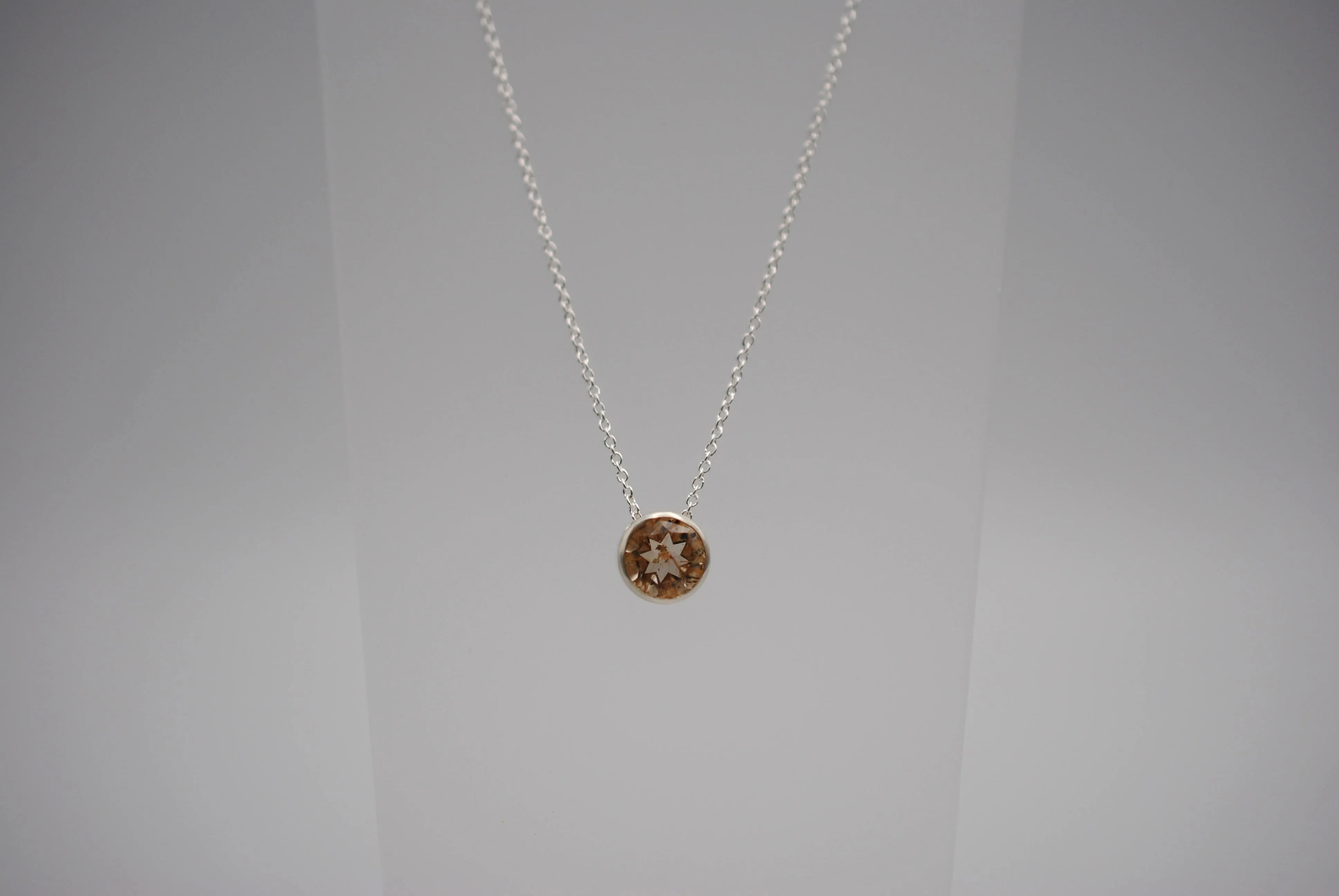 Copper Rutilated Quartz in Silver Bezel Pendant Necklace on Cable Chain