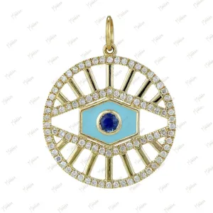 Diamond Blue Sapphire Turquoise Enamel Pendant of Eye 22mm