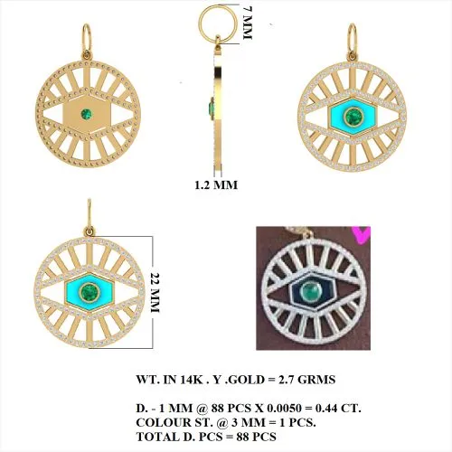 Diamond Blue Sapphire Turquoise Enamel Pendant of Eye 22mm