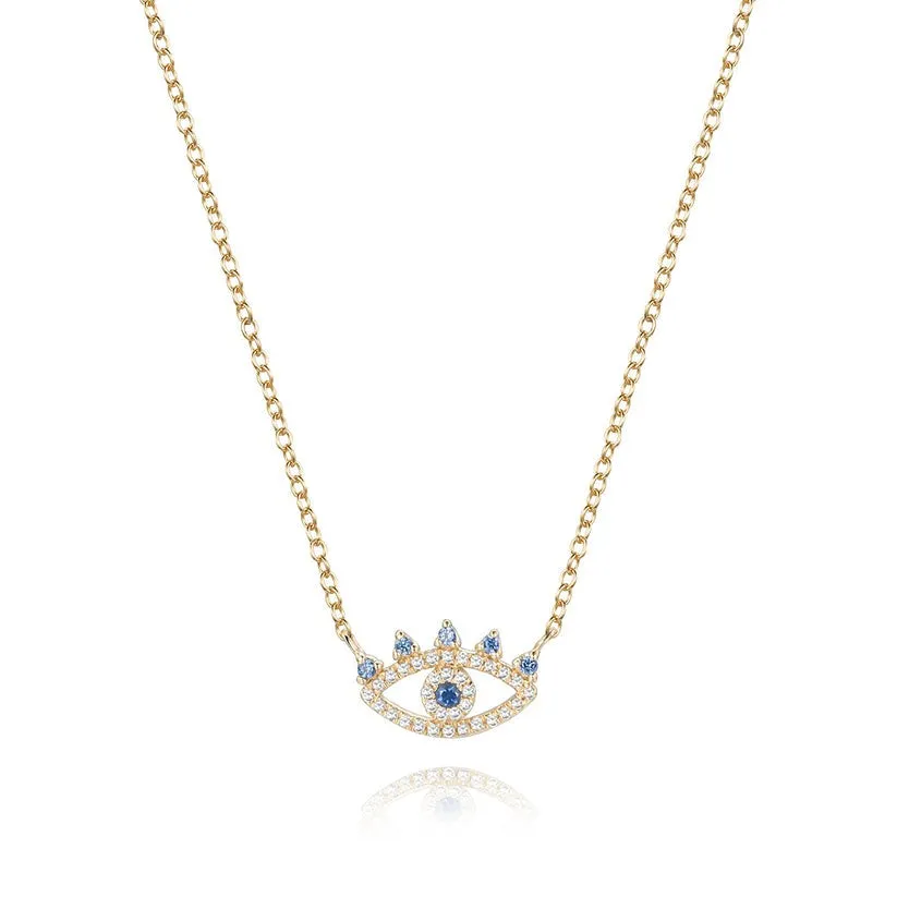 Evil Eye Pave Blue Sapphire 14K Yellow Gold Necklace