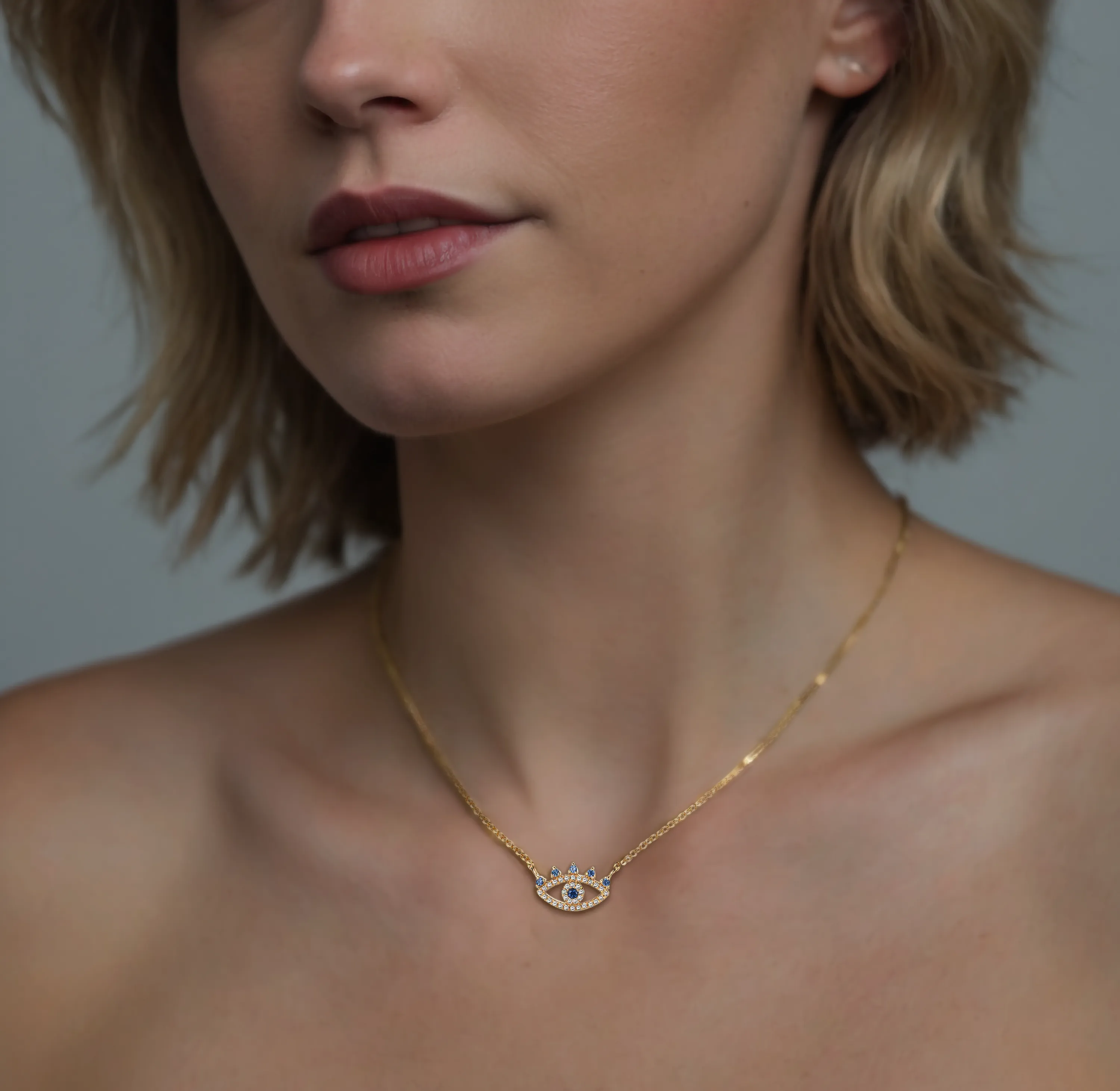 Evil Eye Pave Blue Sapphire 14K Yellow Gold Necklace
