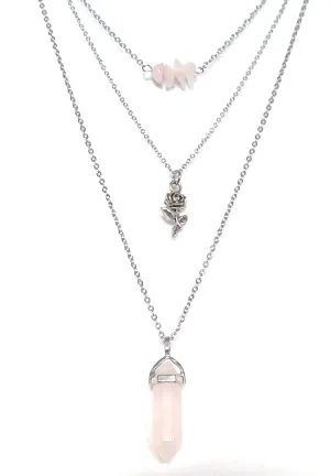 Gemstone & Charm Layered Necklace Set - Rose Quartz