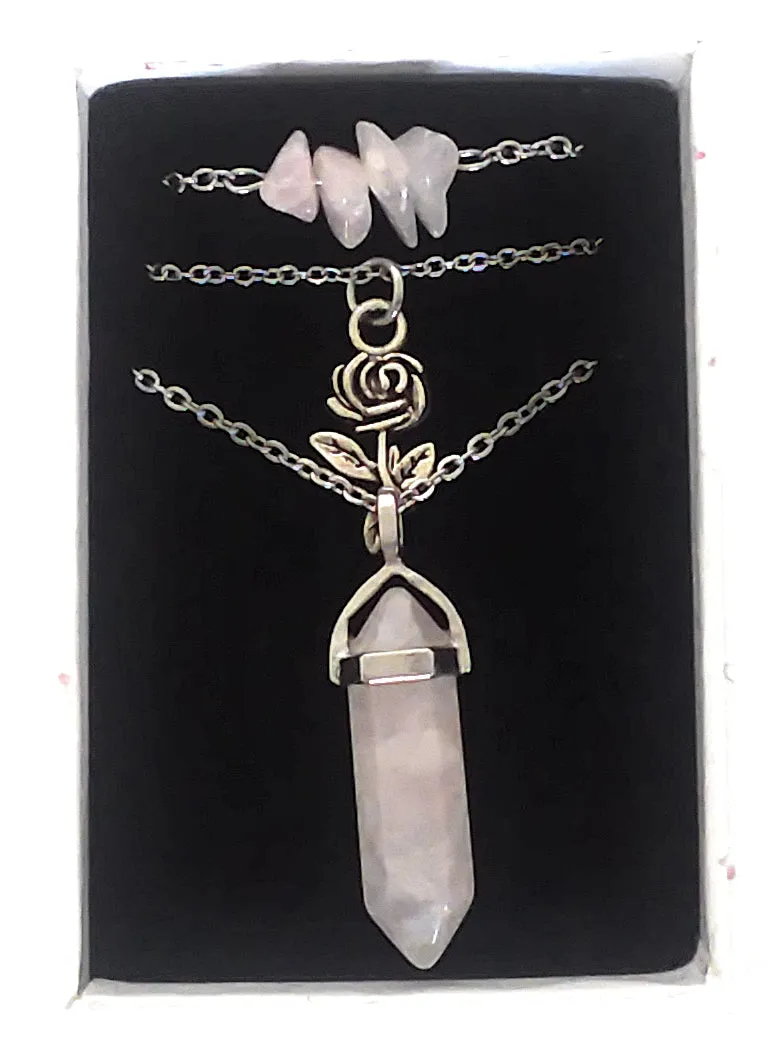 Gemstone & Charm Layered Necklace Set - Rose Quartz