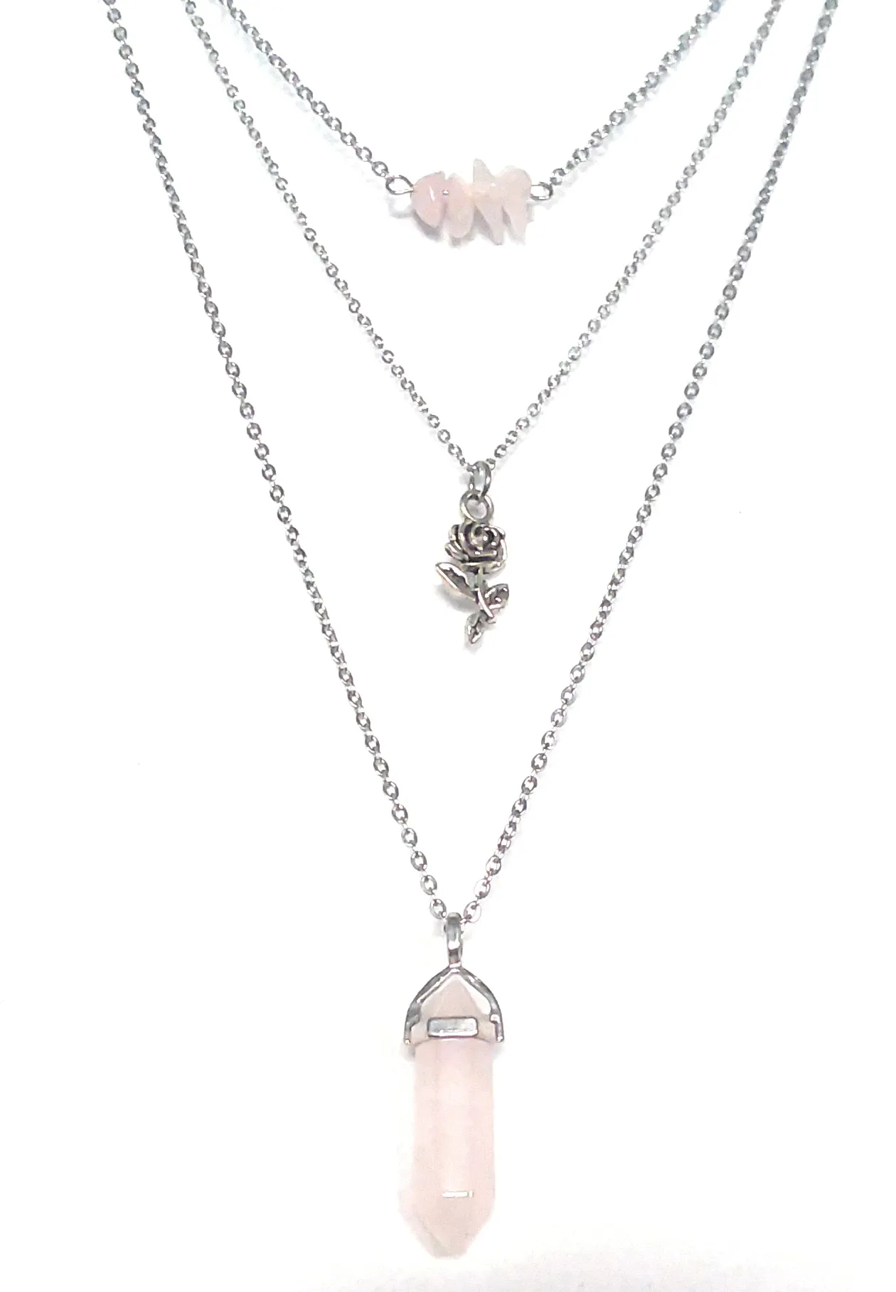 Gemstone & Charm Layered Necklace Set - Rose Quartz