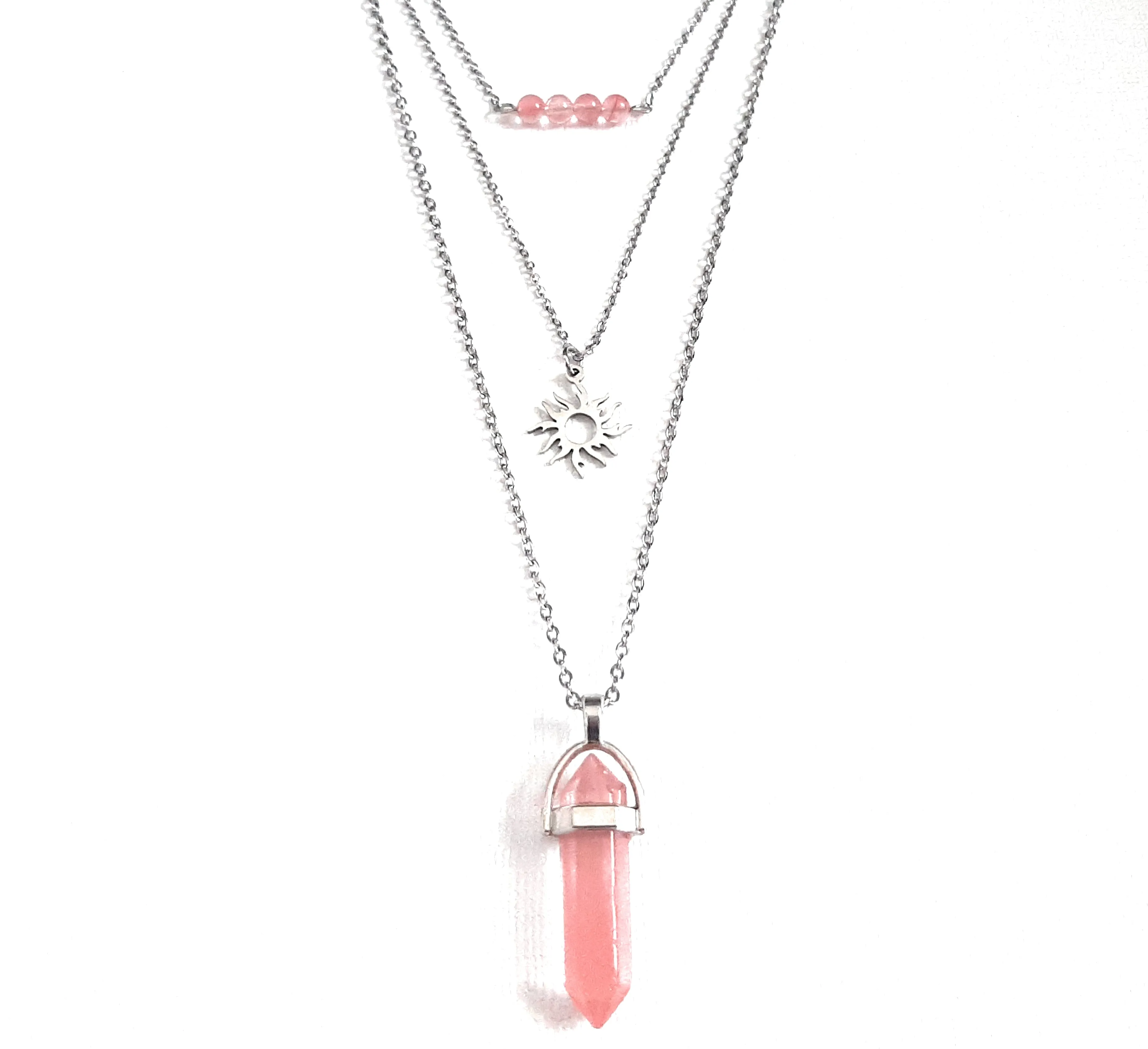 Gemstone Crystal & Charm Layered Necklace Set - Cherry Quartz