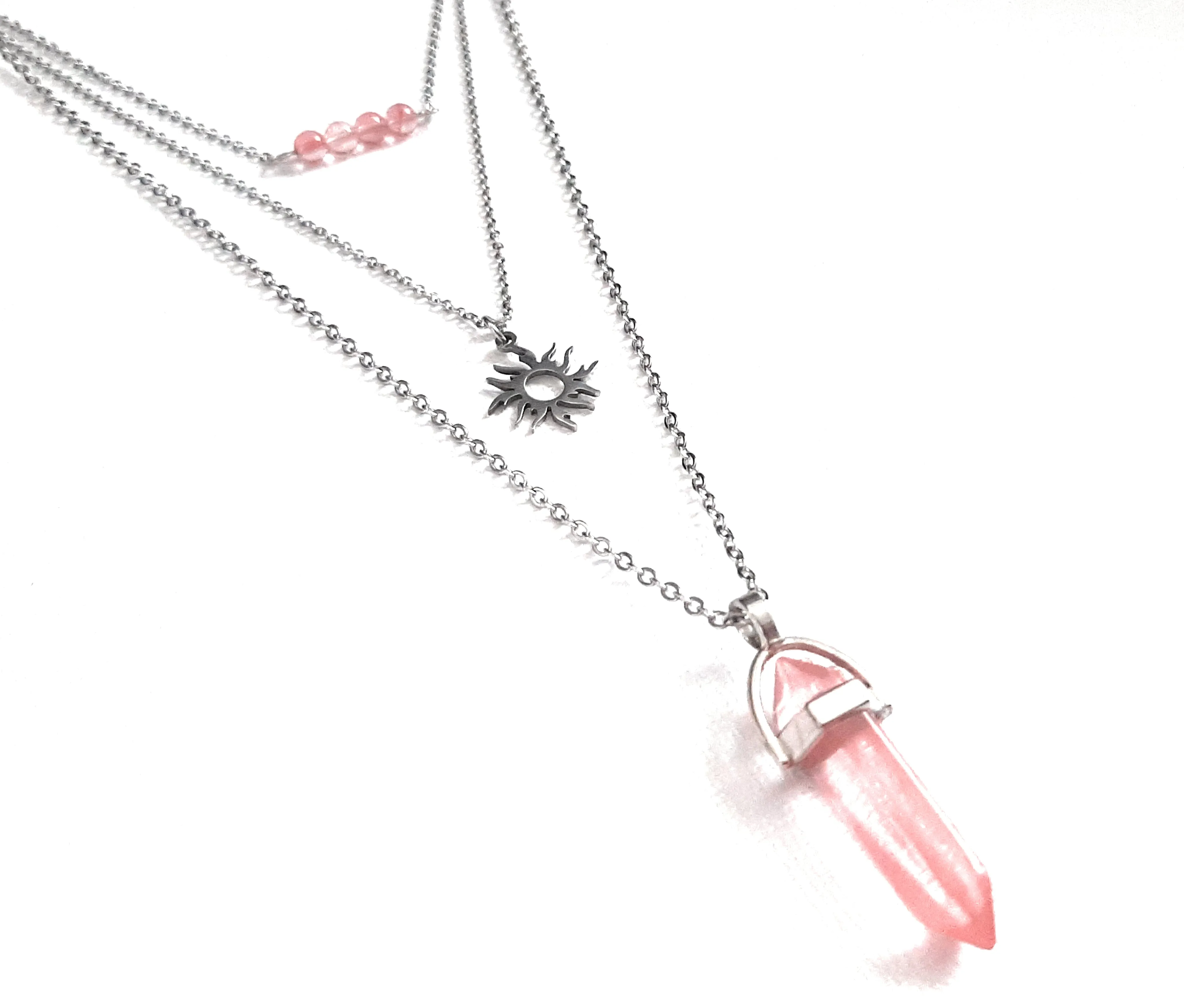 Gemstone Crystal & Charm Layered Necklace Set - Cherry Quartz