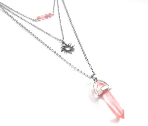 Gemstone Crystal & Charm Layered Necklace Set - Cherry Quartz