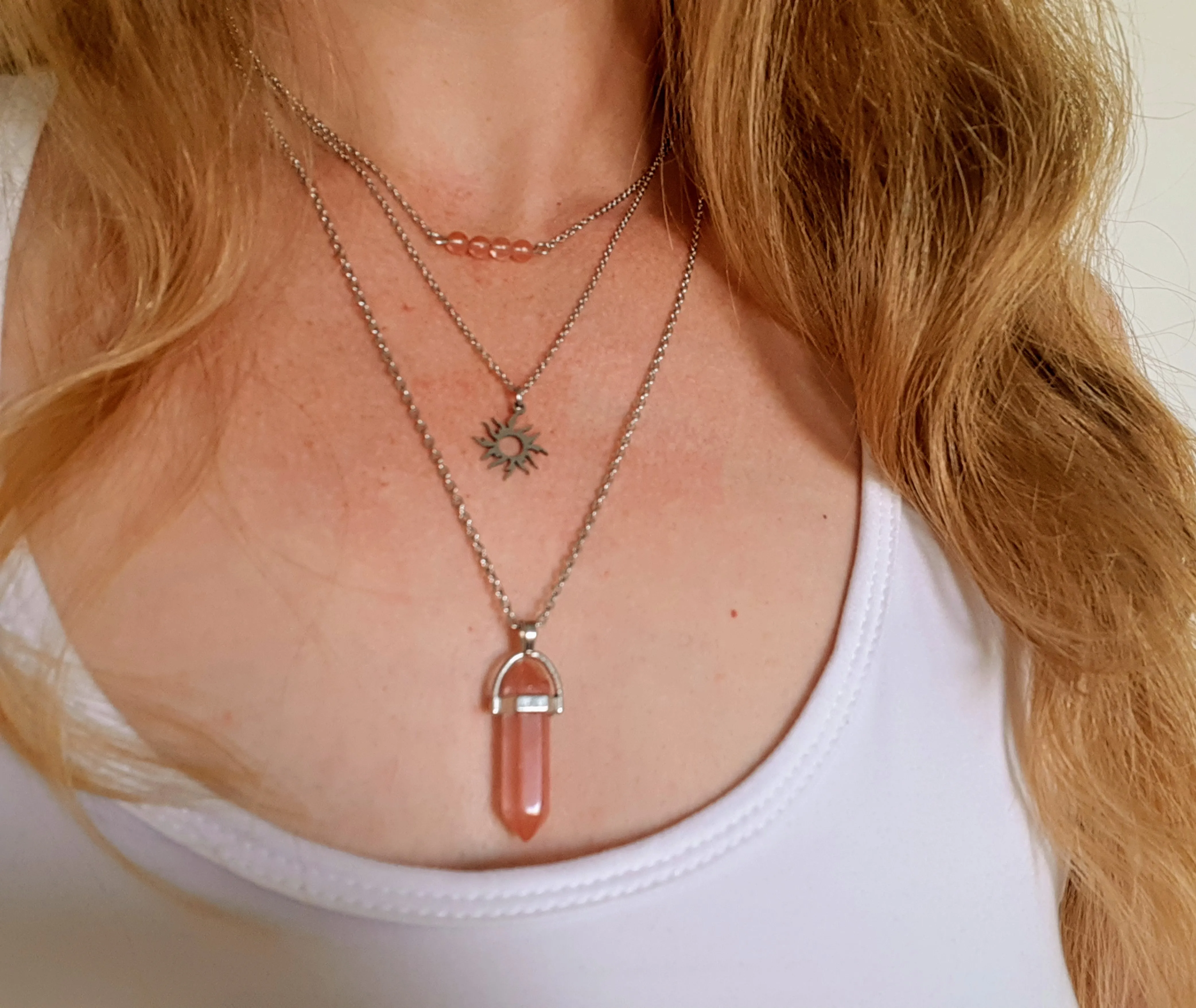 Gemstone Crystal & Charm Layered Necklace Set - Cherry Quartz