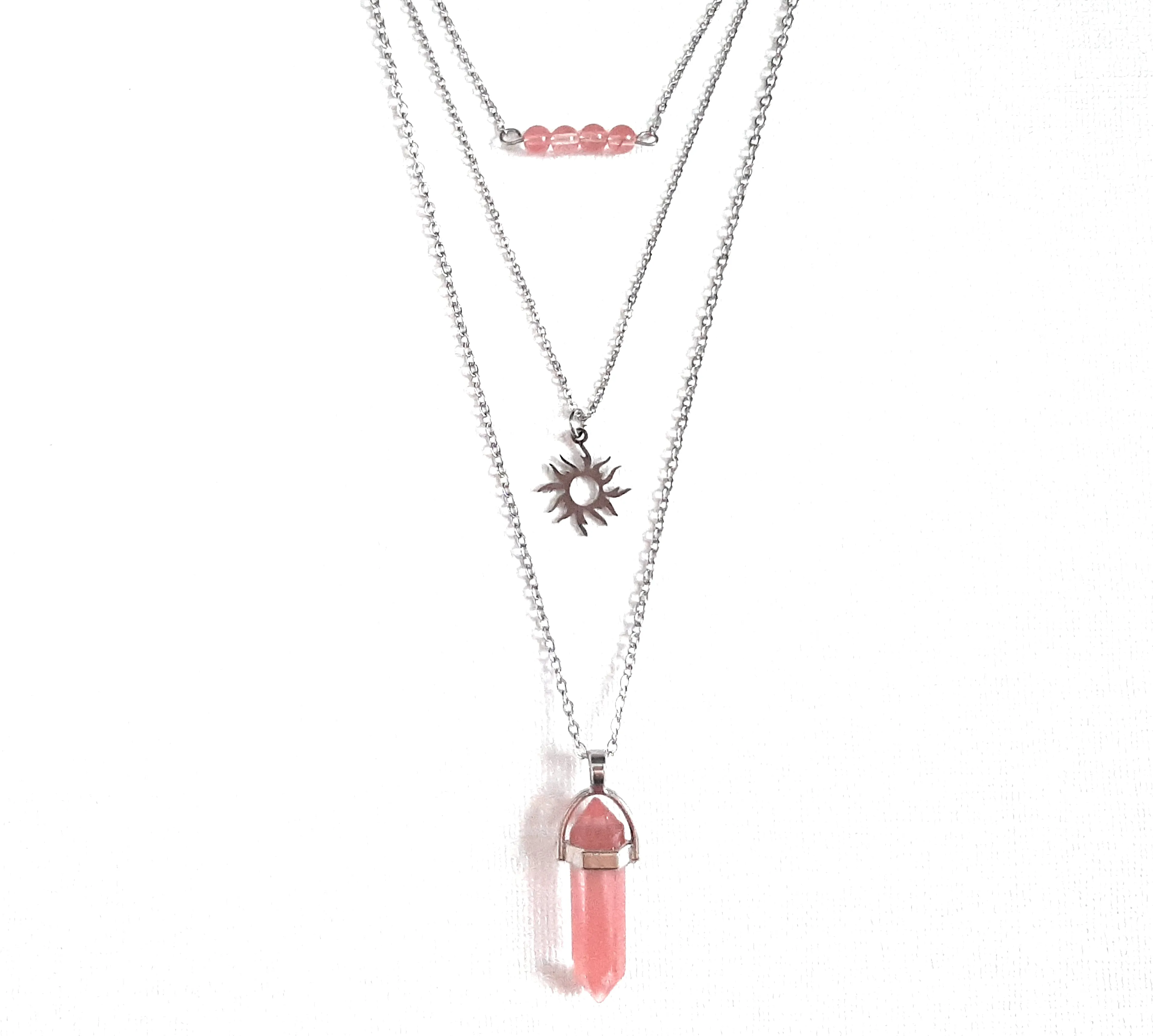 Gemstone Crystal & Charm Layered Necklace Set - Cherry Quartz