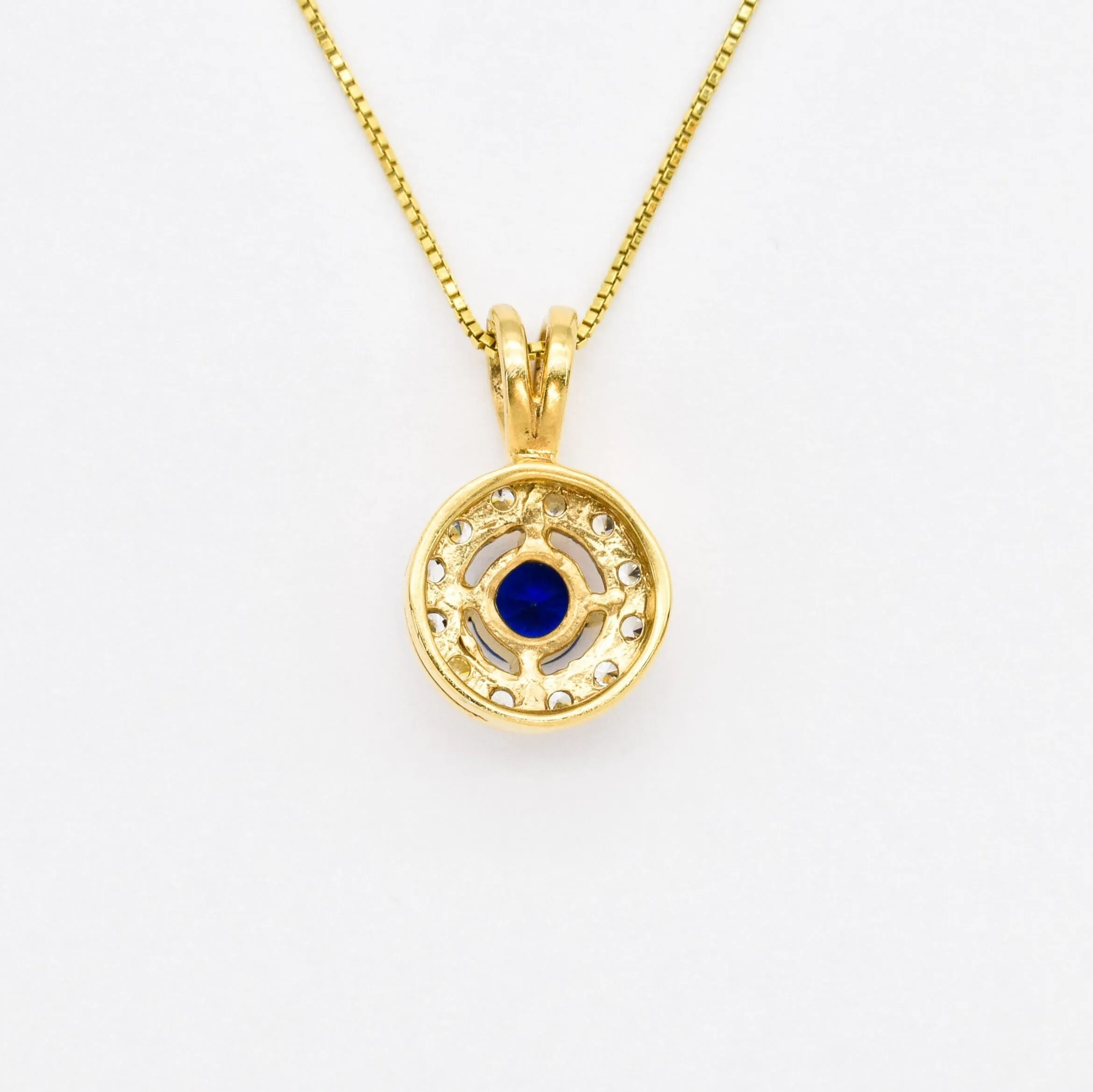 Gold Sapphire Pendant - Blue Round Necklace - Blue Vintage Pendant
