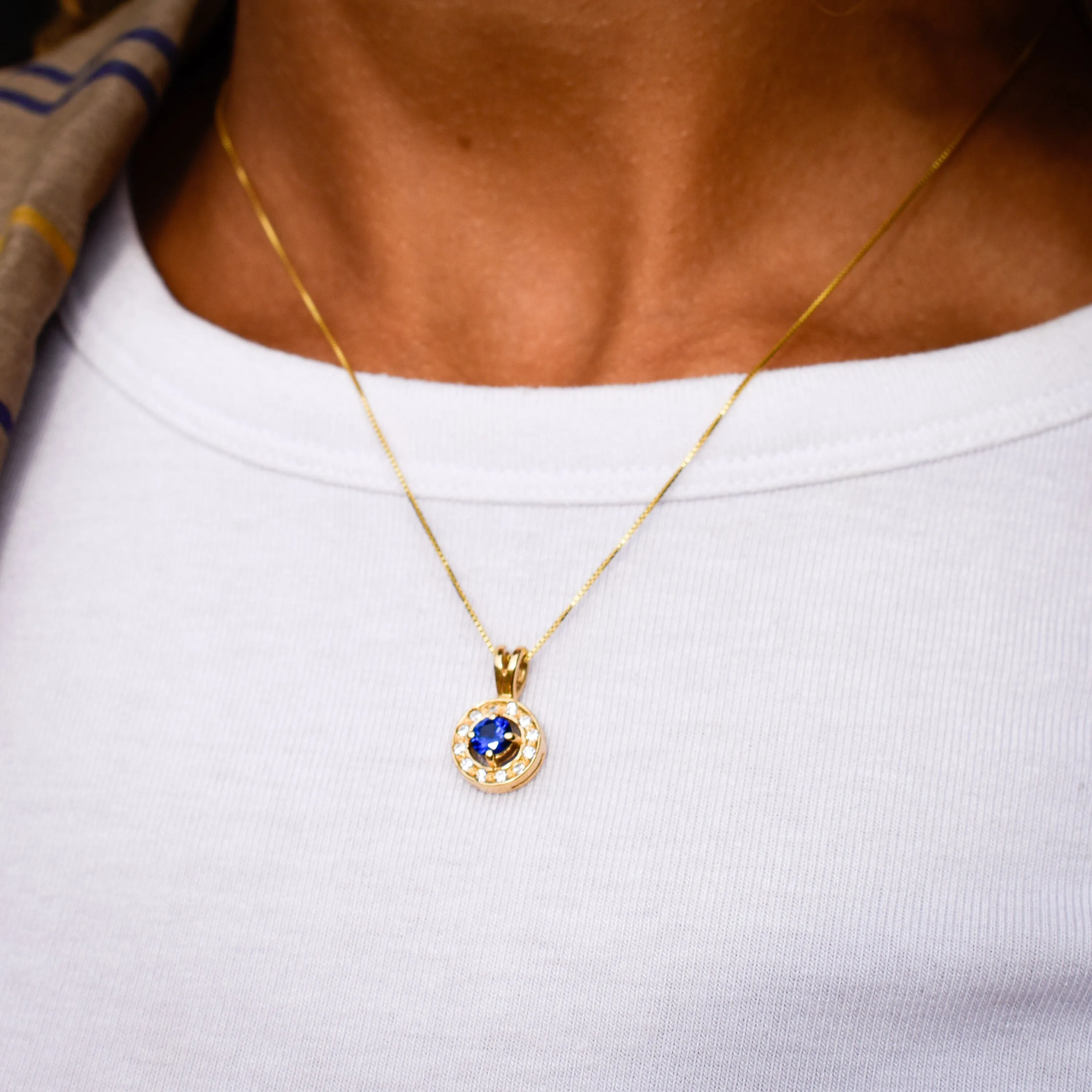 Gold Sapphire Pendant - Blue Round Necklace - Blue Vintage Pendant
