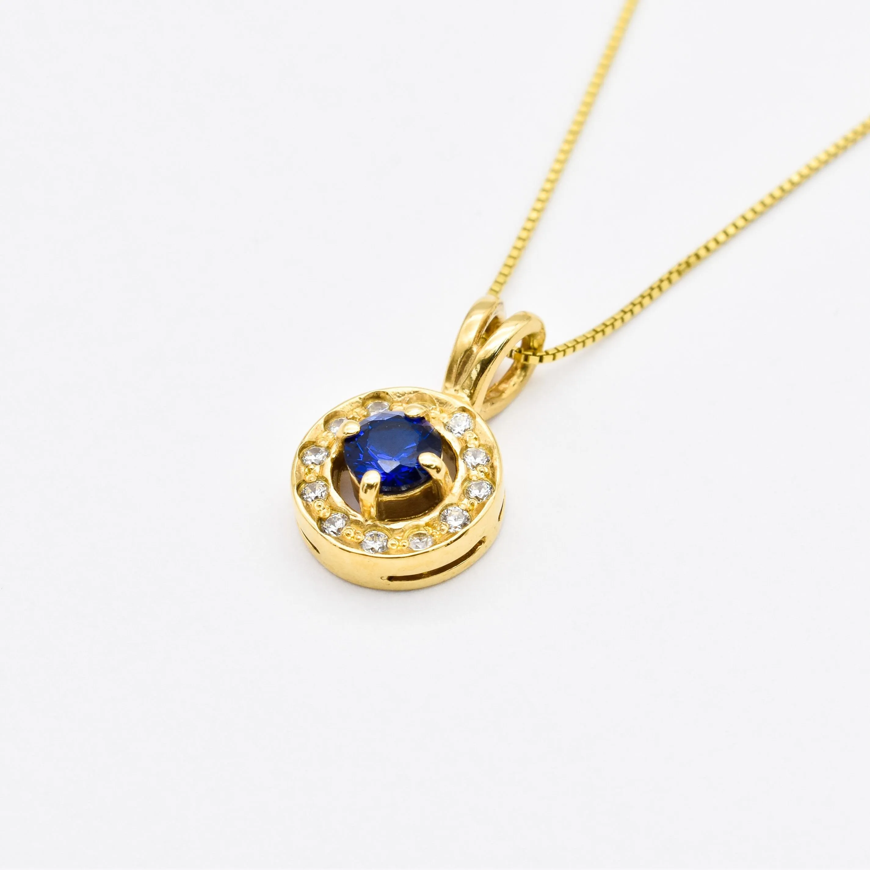 Gold Sapphire Pendant - Blue Round Necklace - Blue Vintage Pendant