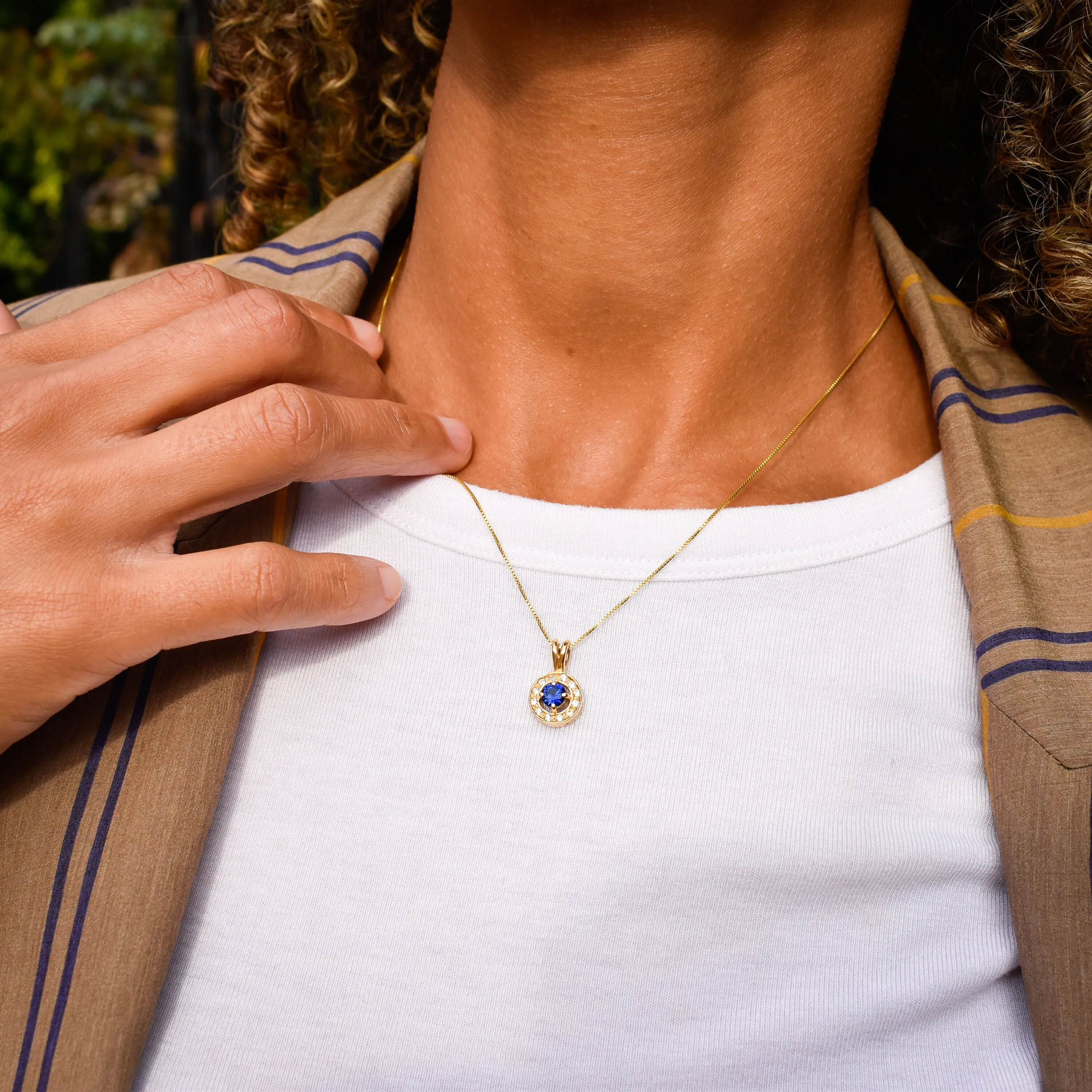 Gold Sapphire Pendant - Blue Round Necklace - Blue Vintage Pendant