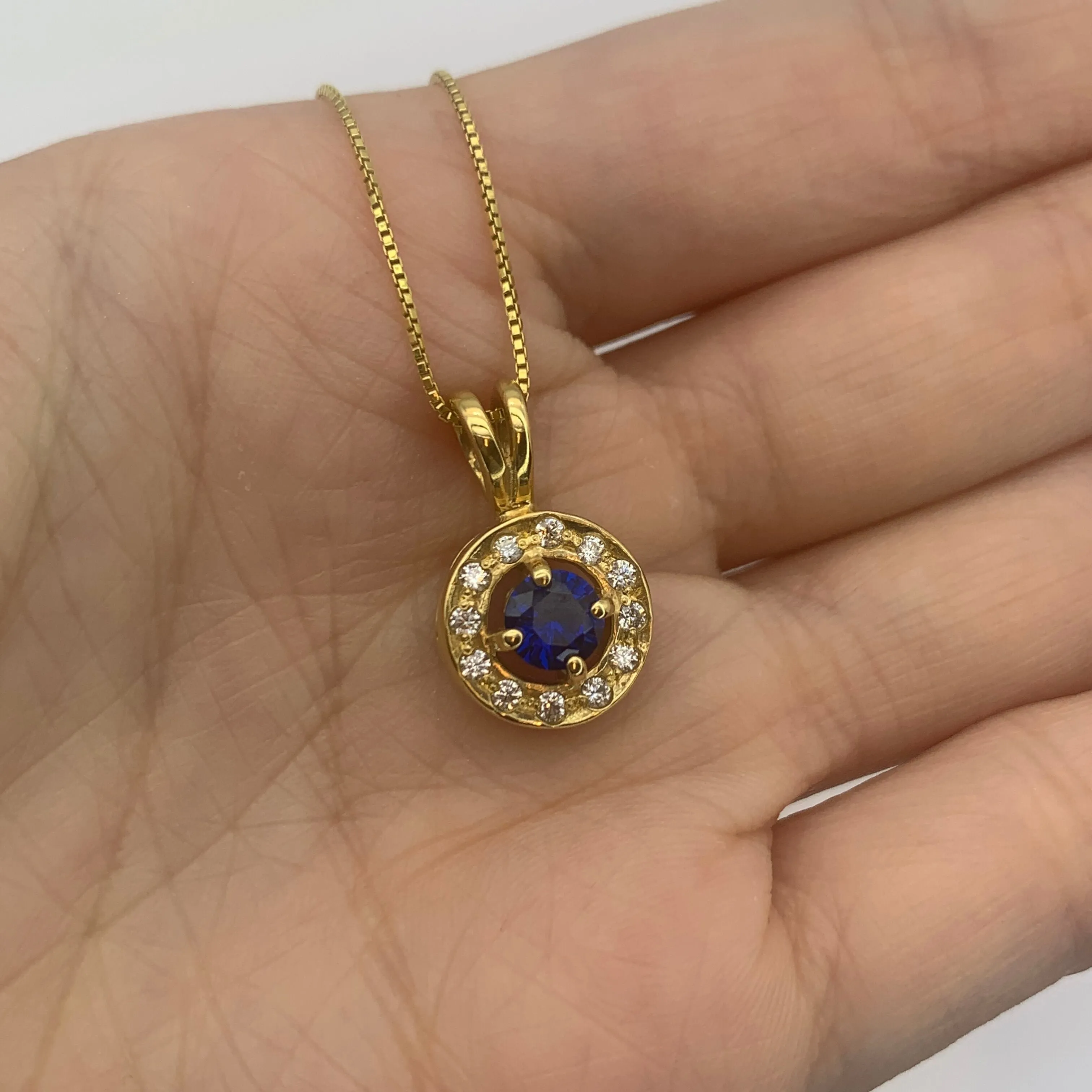 Gold Sapphire Pendant - Blue Round Necklace - Blue Vintage Pendant