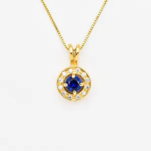 Gold Sapphire Pendant - Blue Round Necklace - Blue Vintage Pendant