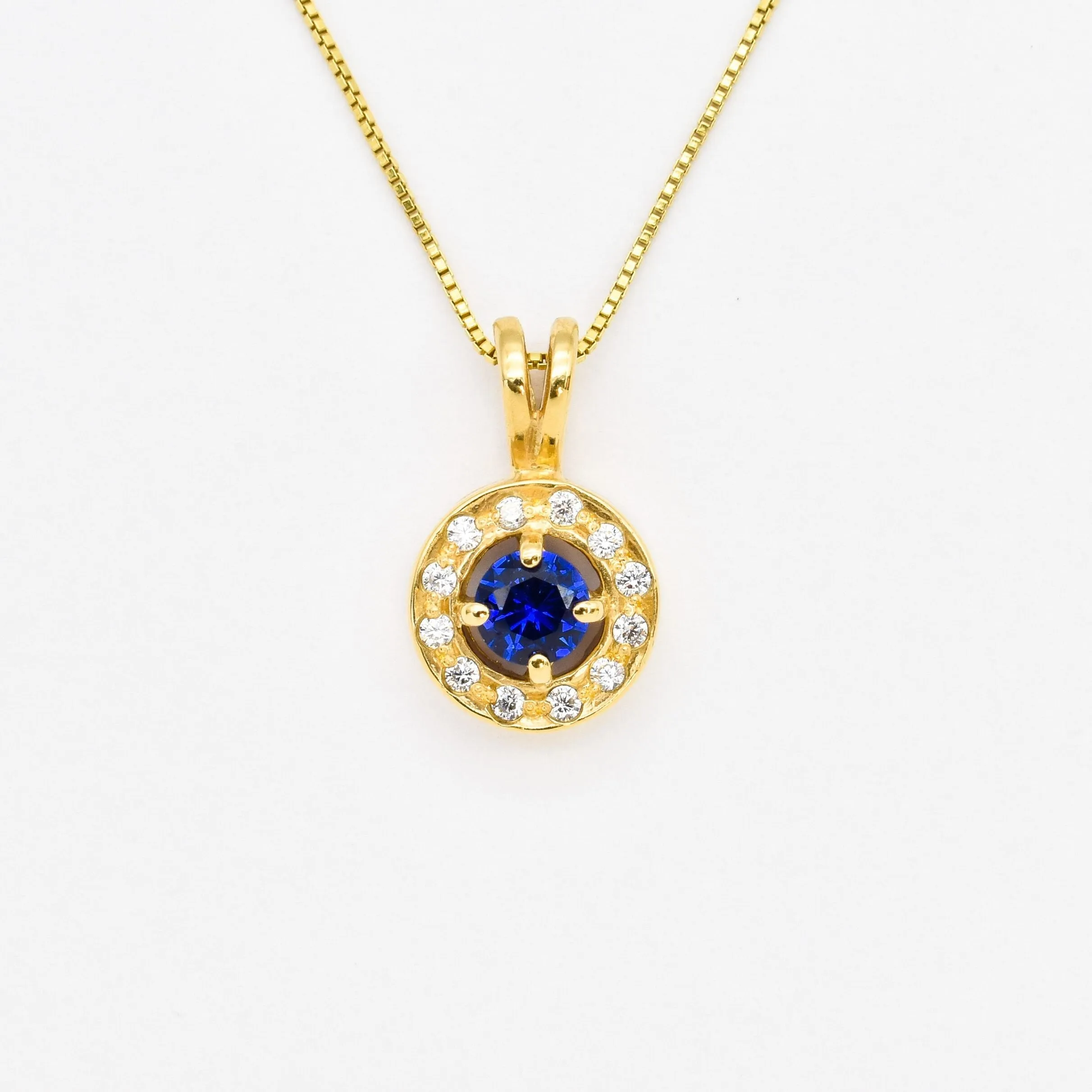 Gold Sapphire Pendant - Blue Round Necklace - Blue Vintage Pendant