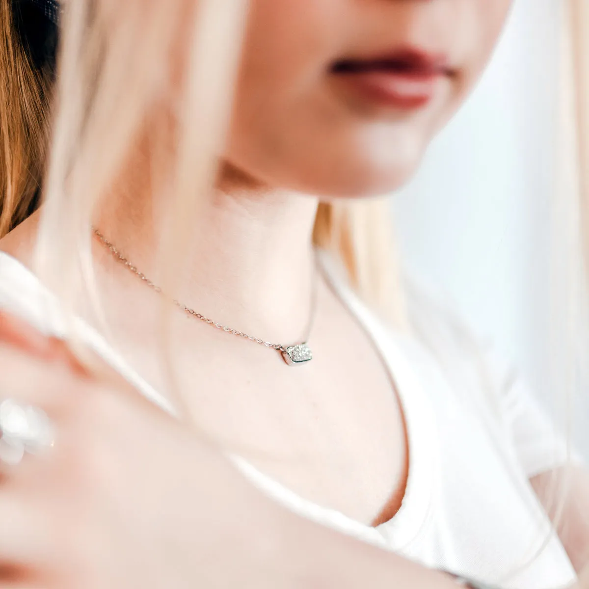 Medium Rectangle Platinum Druzy Necklace
