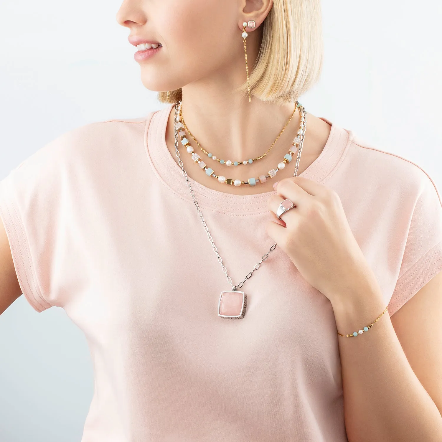 Necklace OE Amulet Square Rose Quartz silver-pink