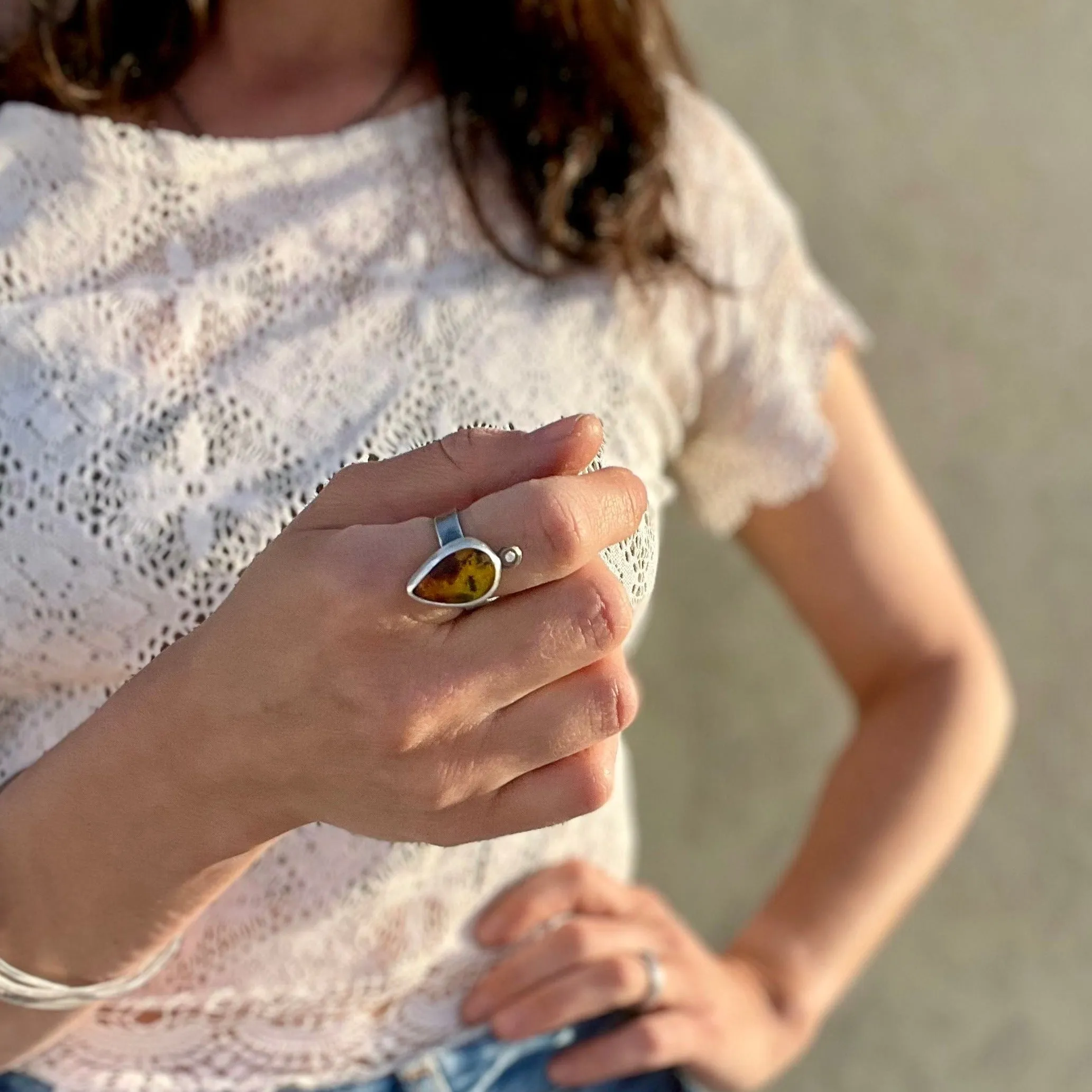 NEW! Sterling Silver Adjustable Ring with Amber by Ashley Procopio