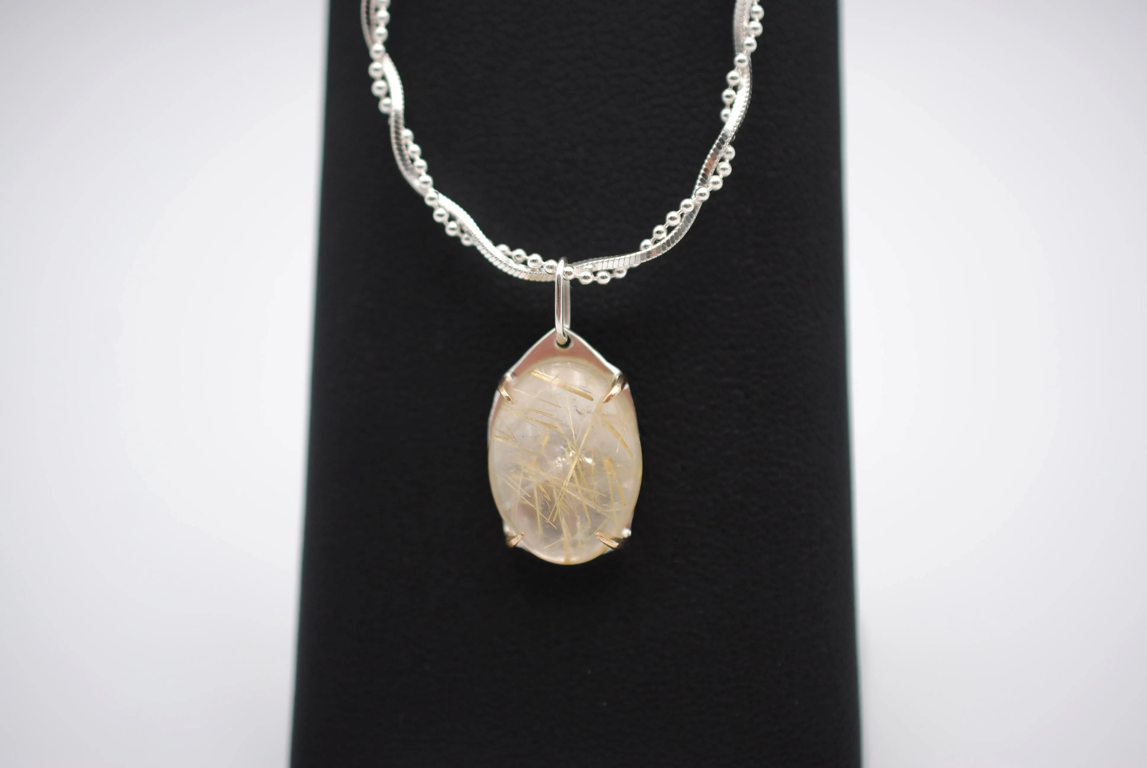 Oval Golden Rutilated Quartz with 14K Yellow Gold Prongs Pendant Necklace on Twisted Snake Box and Ball Chain