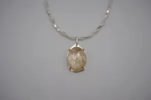 Oval Golden Rutilated Quartz with 14K Yellow Gold Prongs Pendant Necklace on Twisted Snake Box and Ball Chain