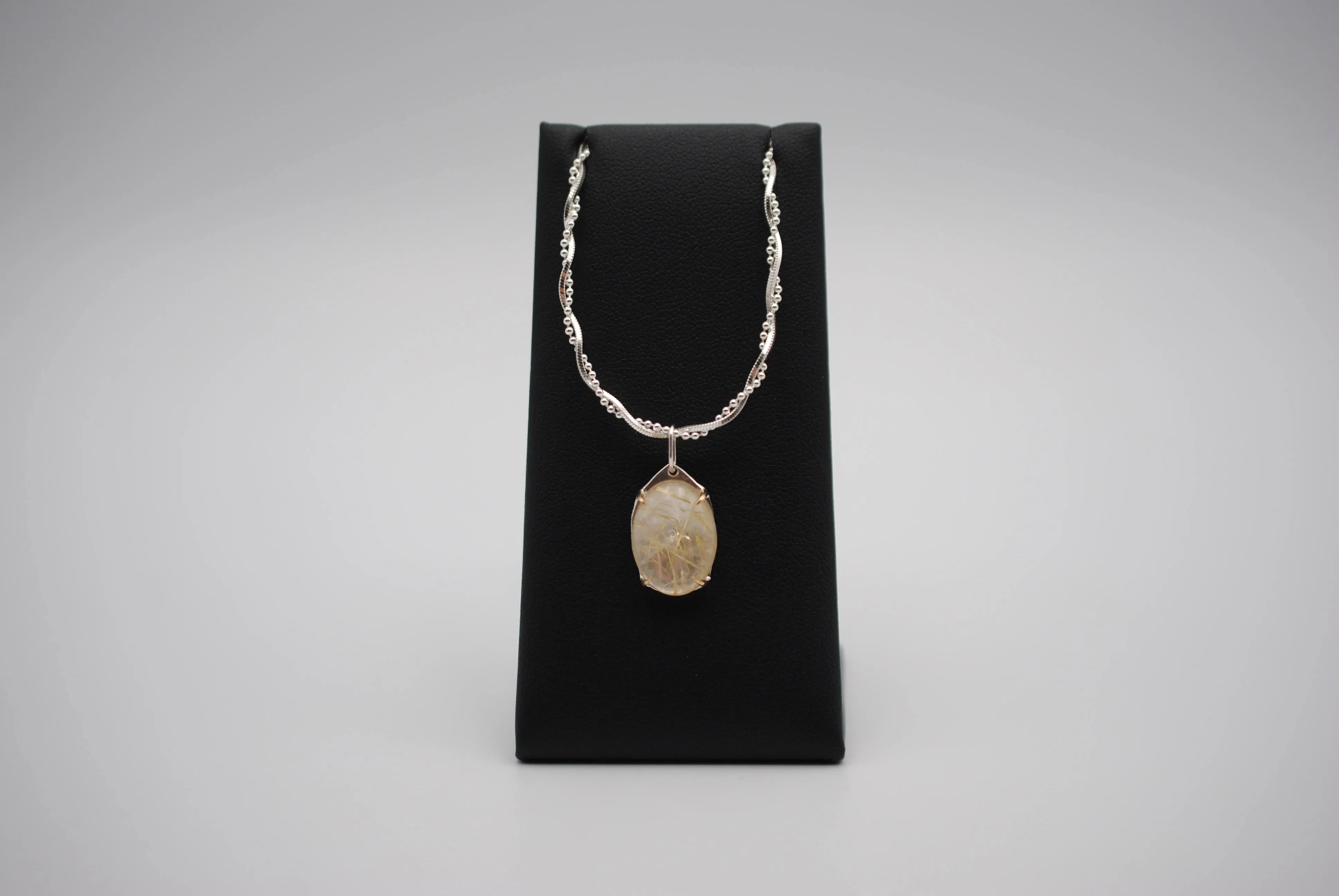 Oval Golden Rutilated Quartz with 14K Yellow Gold Prongs Pendant Necklace on Twisted Snake Box and Ball Chain