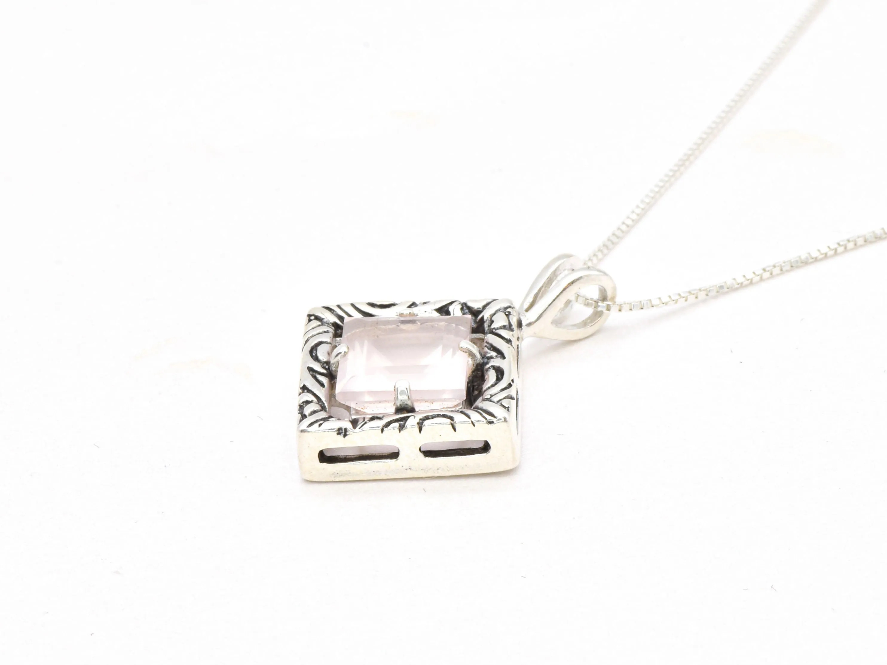 Rose Quartz Necklace - Pink Boho Pendant - Silver Quartz Pendant