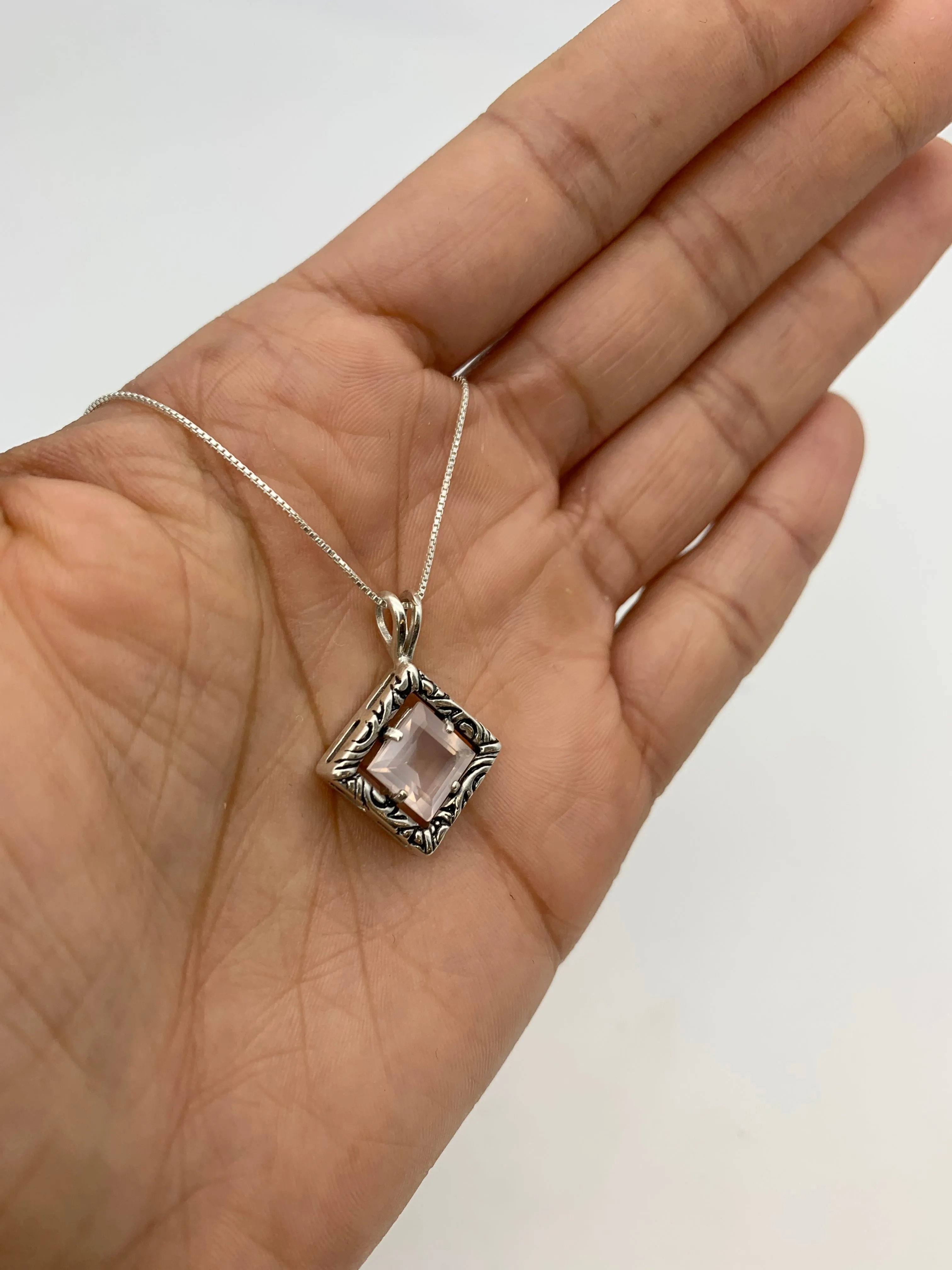 Rose Quartz Necklace - Pink Boho Pendant - Silver Quartz Pendant