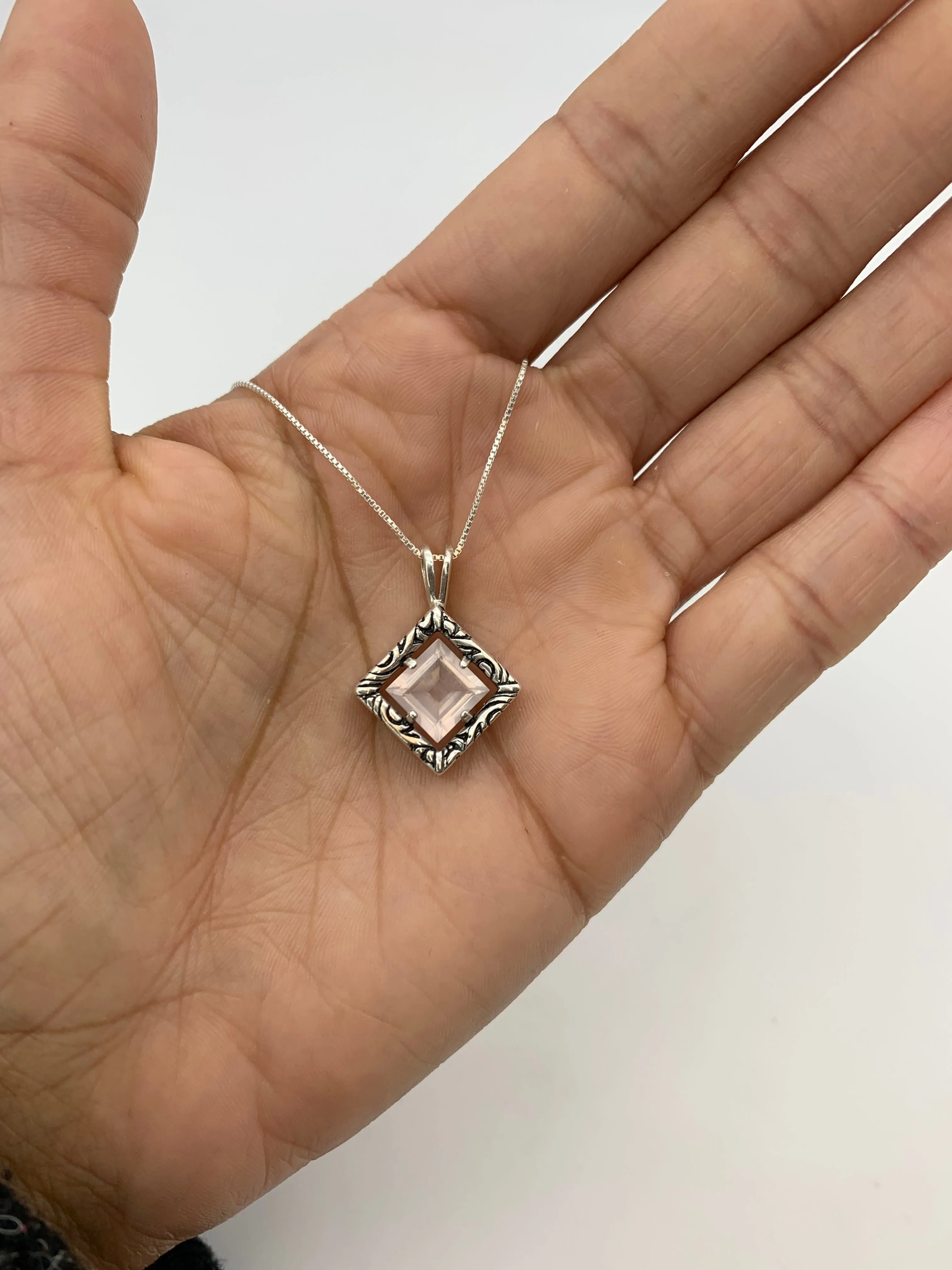 Rose Quartz Necklace - Pink Boho Pendant - Silver Quartz Pendant