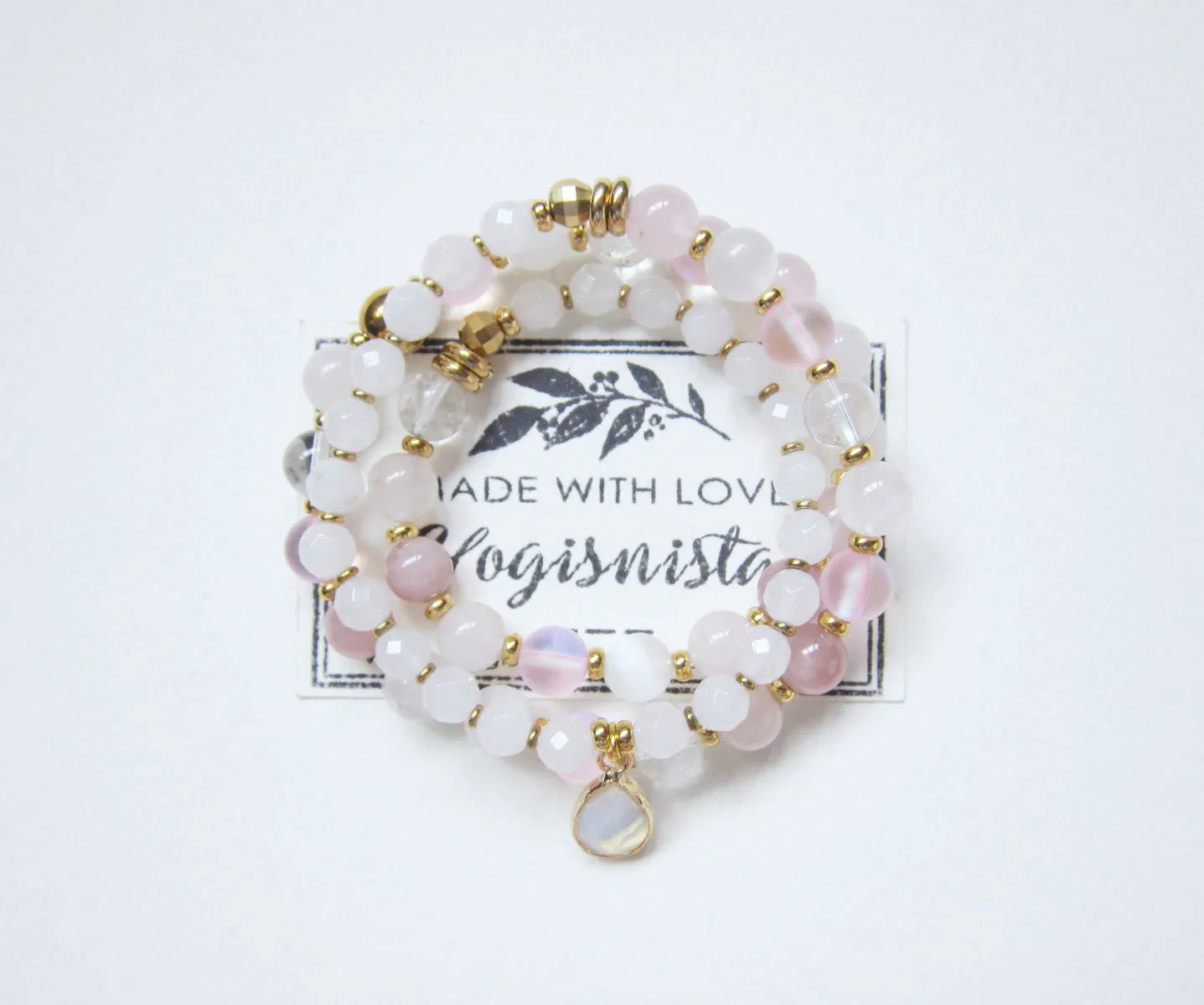 SALE - Rose Quartz, Selenite, Mystic Pink Quartz, Clear Quartz 3X Wrap Bracelet (convertible to necklace)