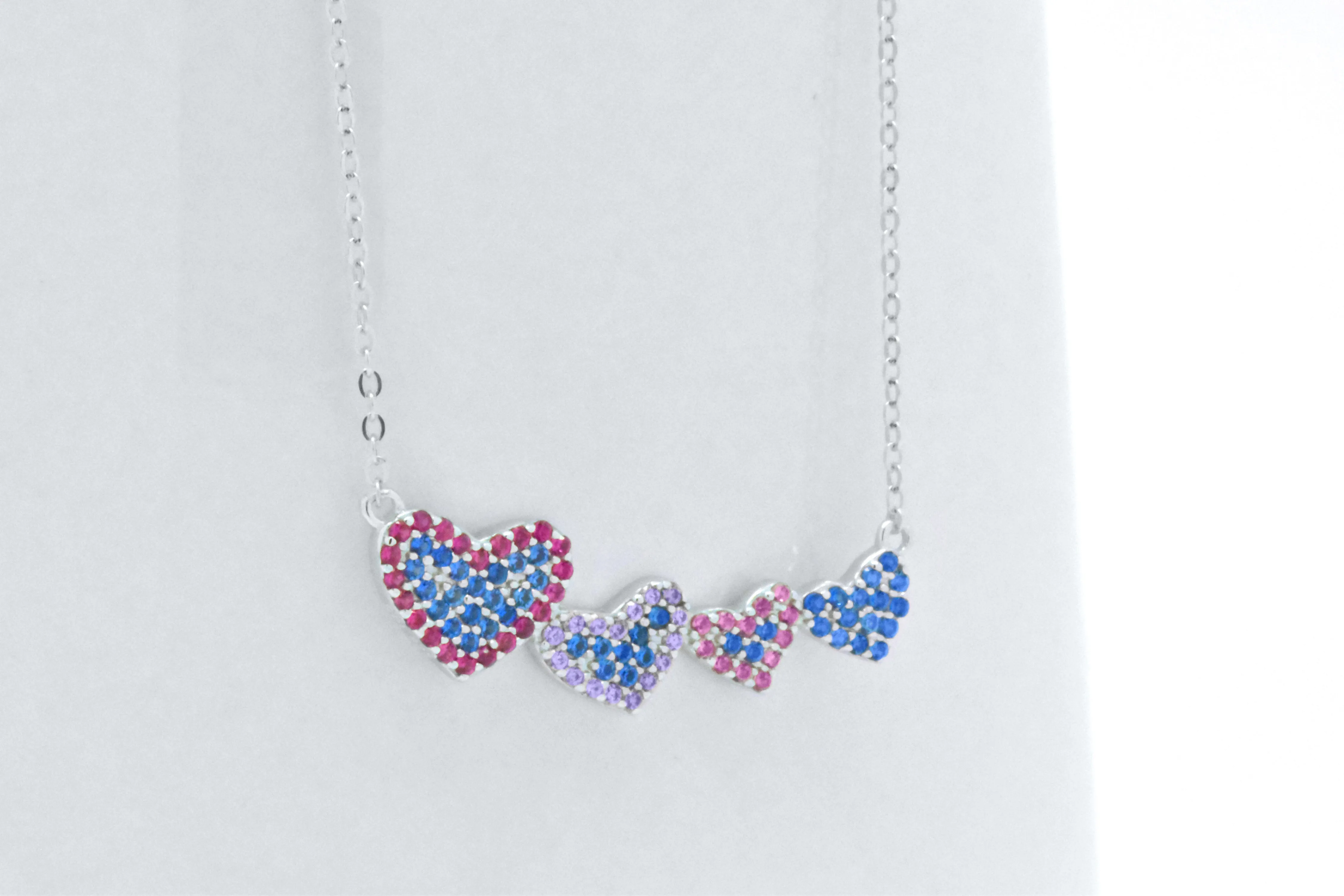 Sterling Silver Created Blue, Pink, Purple Sapphire Heart Adjustable Necklace