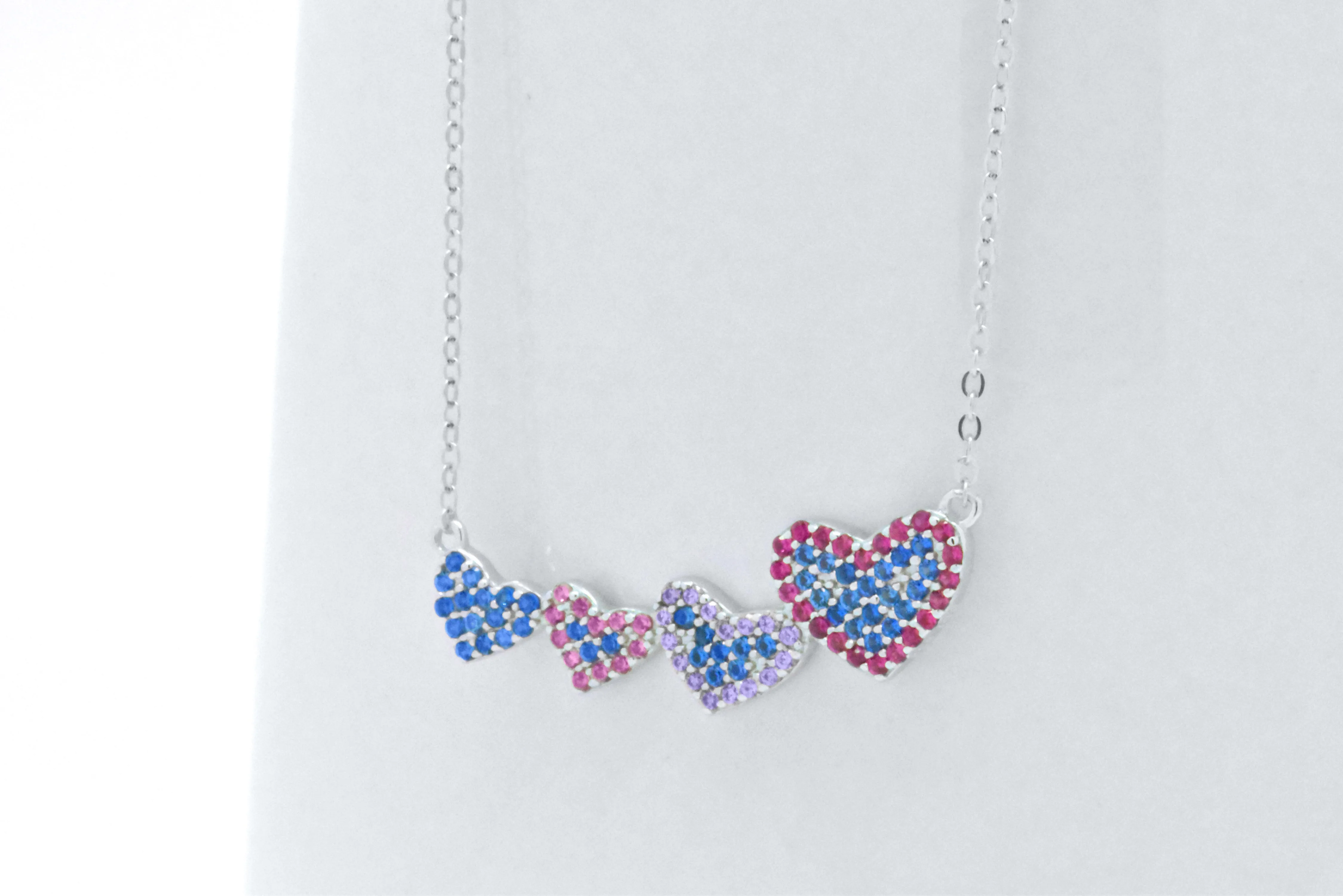 Sterling Silver Created Blue, Pink, Purple Sapphire Heart Adjustable Necklace