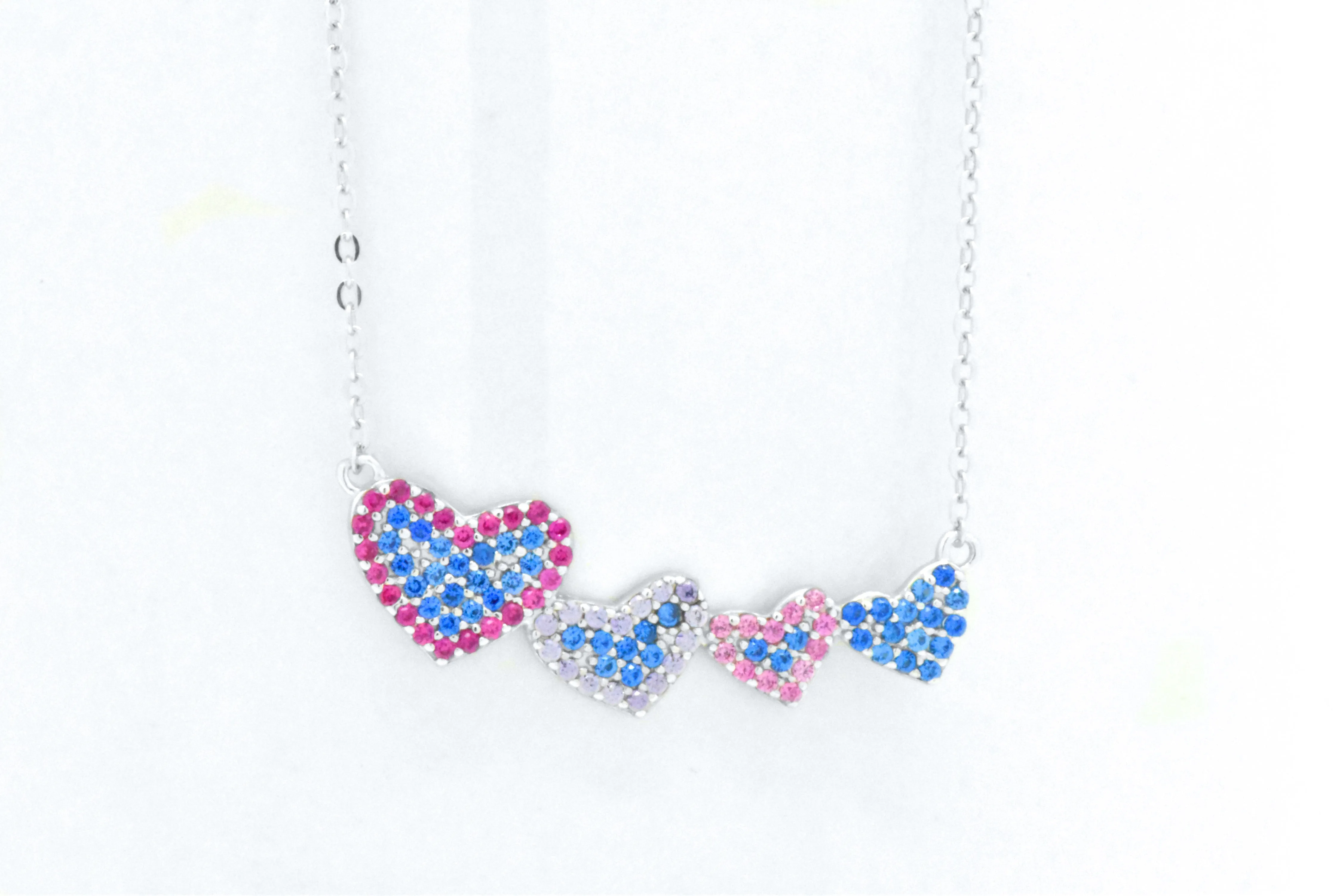 Sterling Silver Created Blue, Pink, Purple Sapphire Heart Adjustable Necklace