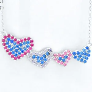 Sterling Silver Created Blue, Pink, Purple Sapphire Heart Adjustable Necklace